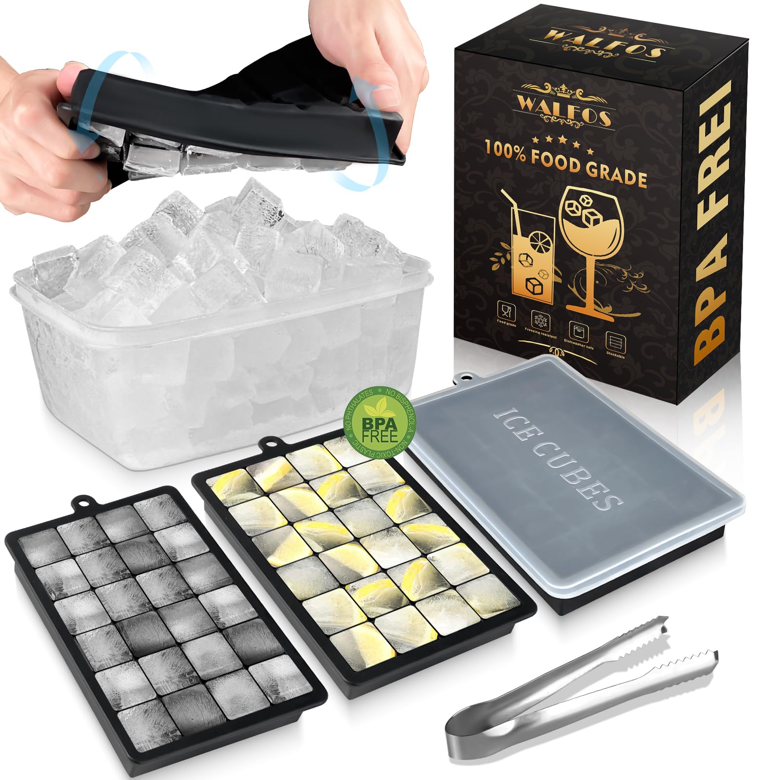 Walfos 3-Pack Silicone Ice Cube Tray Set with Storage Bin & Lid - Easy Release Square Ice Molds for Freezer - Perfect for Cocktails, Iced Coffee, Whiskey & Cold Drinks - Includes Ice Tongs for Home Bars & Parties