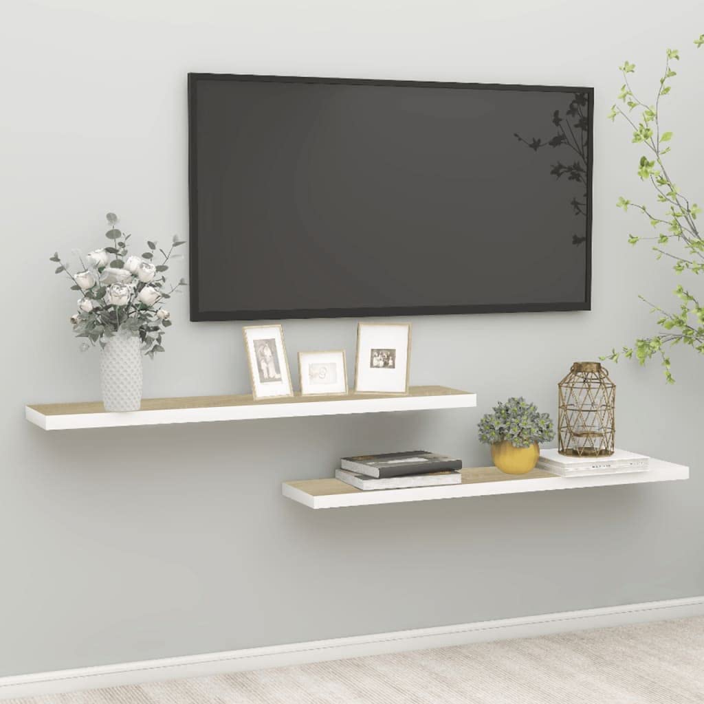 Floating Wall Shelves Set of 2 - Modern Invisible Mounting Oak & White MDF Display Shelves (47.2