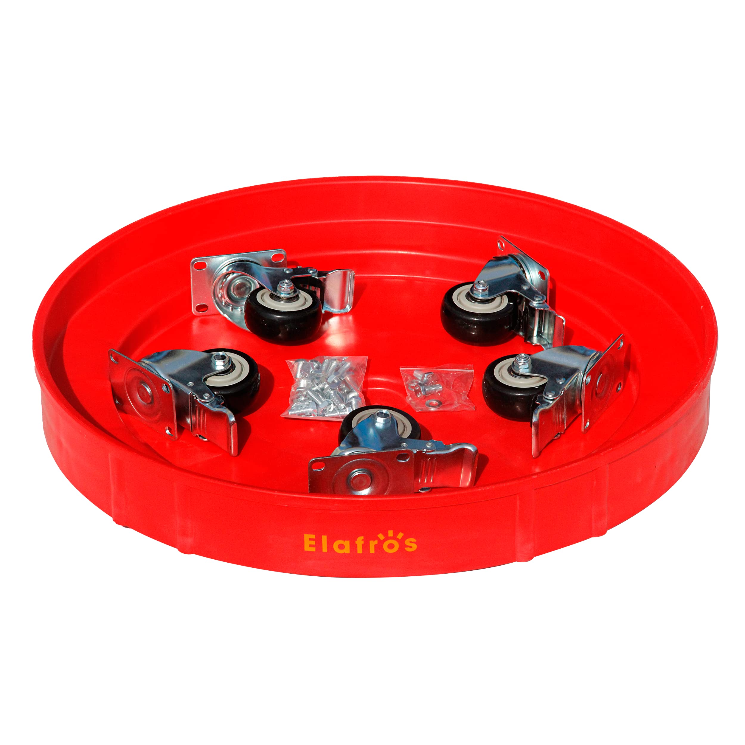 ELAFROS Heavy Duty Plastic Drum Dolly Cart - 30 & 55 Gallon Capacity, 900 lb Load Capacity with 5 Swivel Caster Wheels (Red, with Brake) - Perfect for Industrial, Warehouse, and Home Garage Use