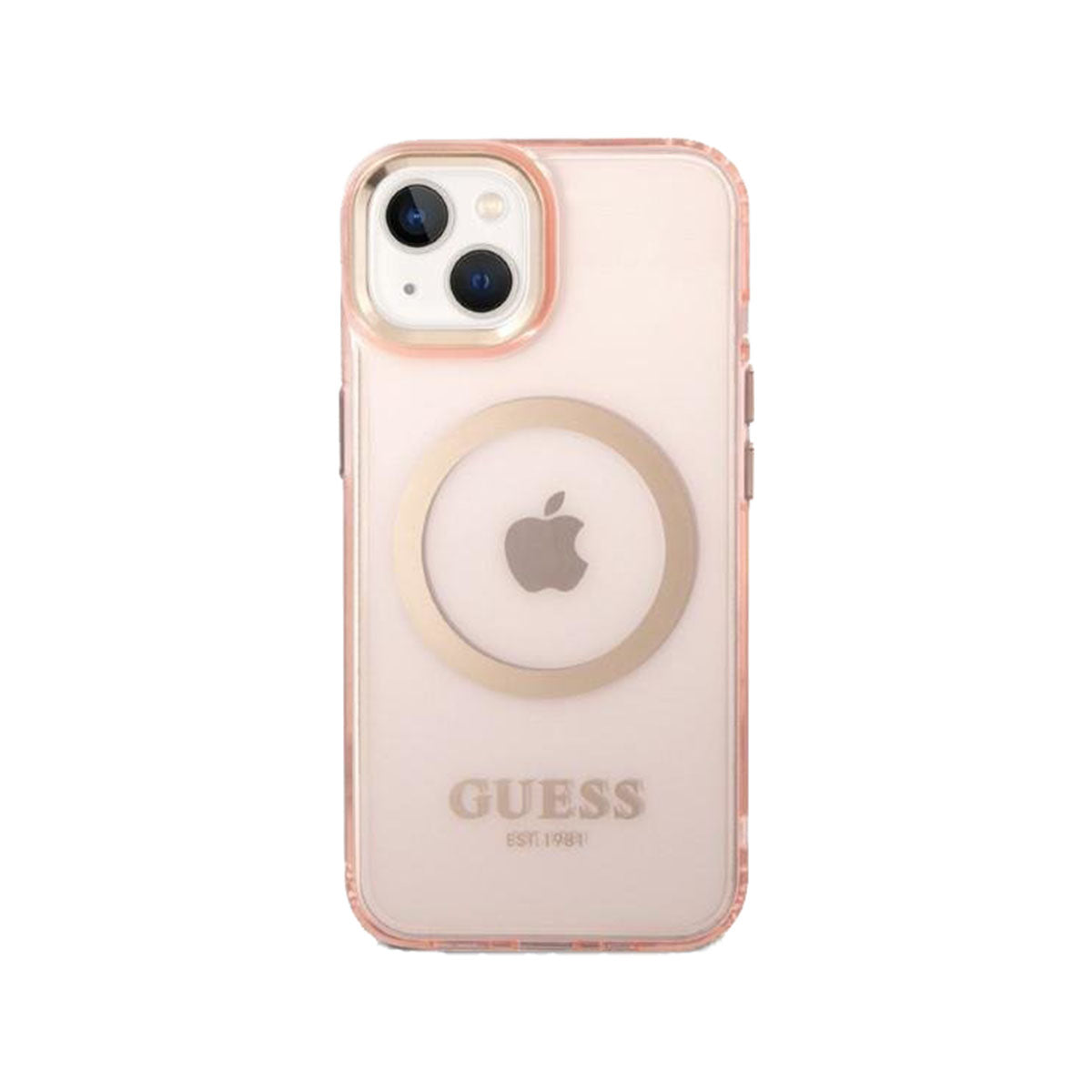 GUESS Ring Edition Shockproof Phone Case for iPhone 14 - Slim Protective Cover with Grip Ring Stand (Pink/Gold) - Perfect for Work, Travel & Everyday Use