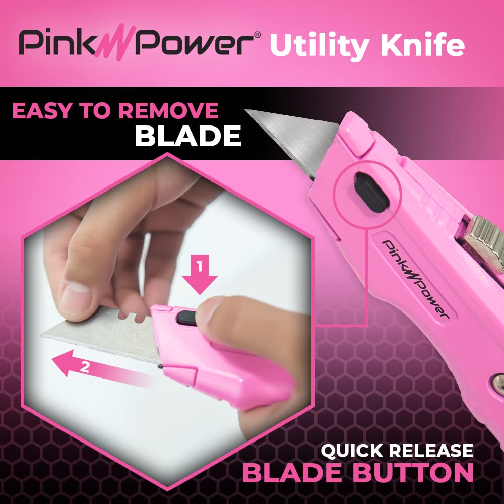**Pink Retractable Utility Knife - Heavy Duty Box Cutter with 3 Blades & Storage Compartment - Carpet, Packaging & DIY Tool - Perfect for Women, Crafting & Home Use**