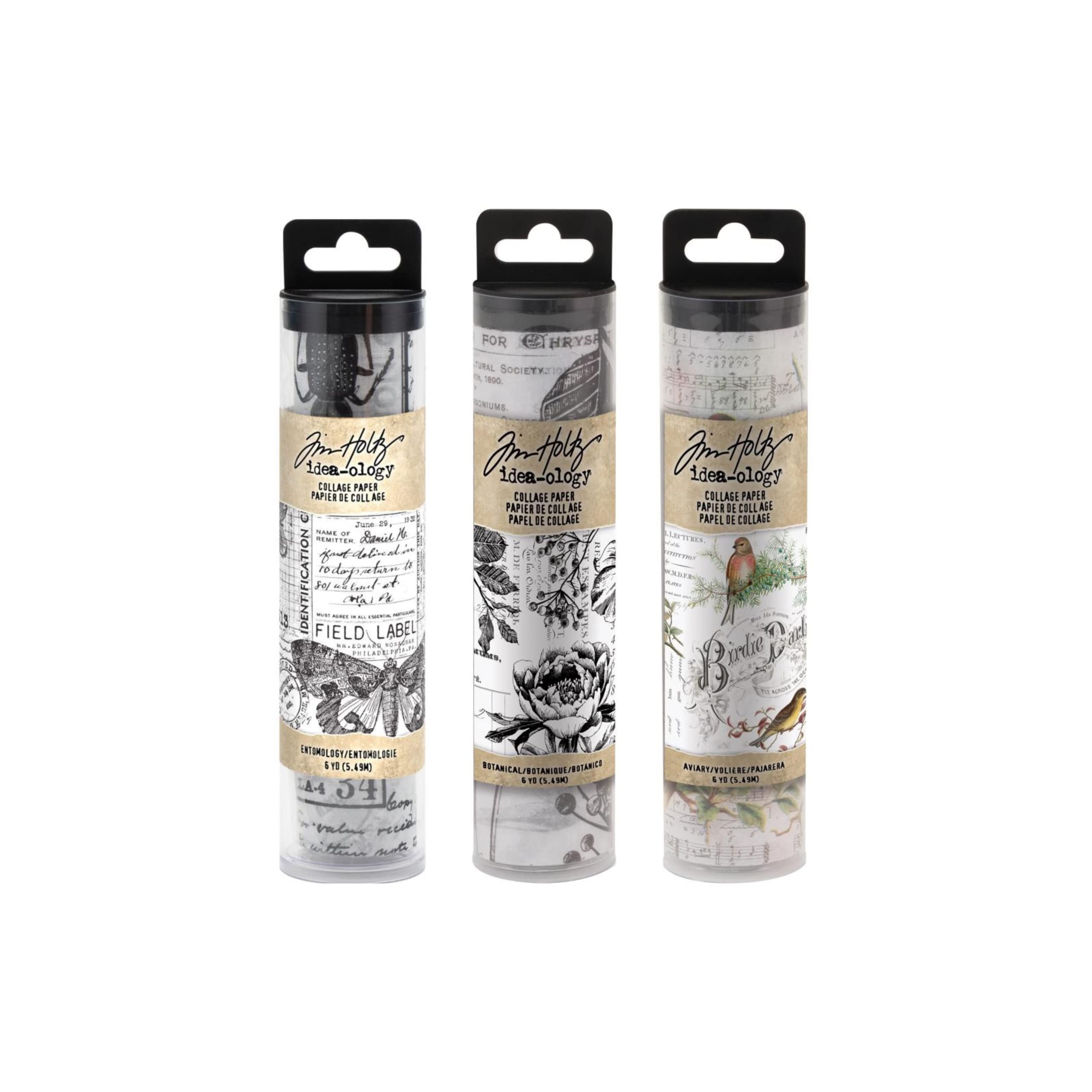 Tim Holtz Idea-Ology Collage Paper Rolls - Entomology, Botanical & Aviary Designs - 3-Pack for Scrapbooking, Junk Journaling & Mixed Media Art Projects