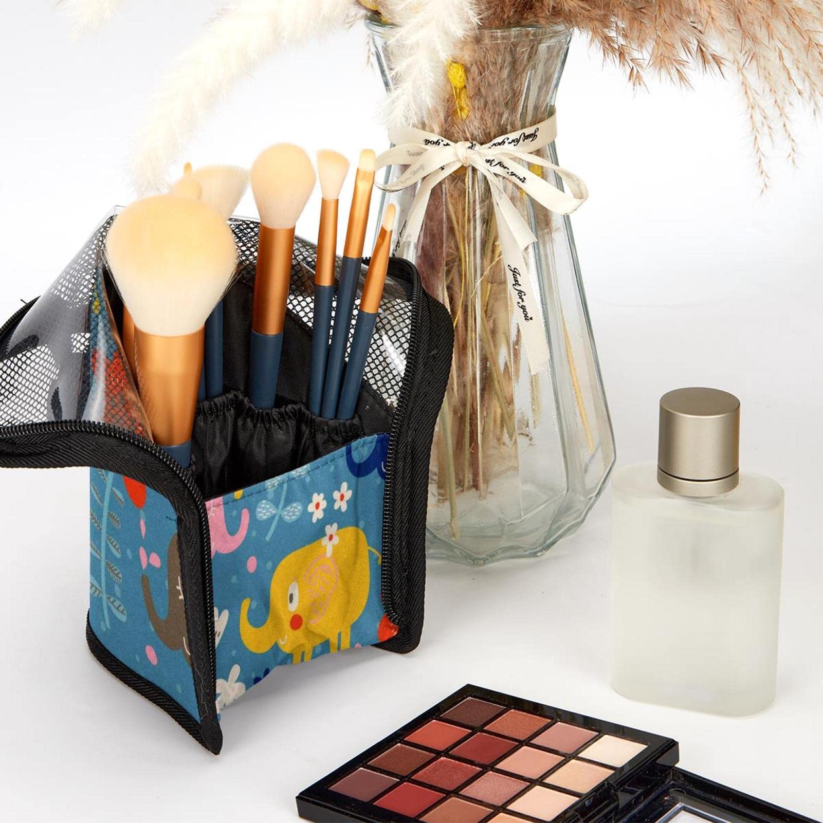Portable Makeup Brush Organizer Bag with 12 Slots - Cute Elephant Cartoon Design - Travel Cosmetic Brush Holder Case for Makeup Artists & Beauty Enthusiasts - Perfect for Home, Travel & Professional Use