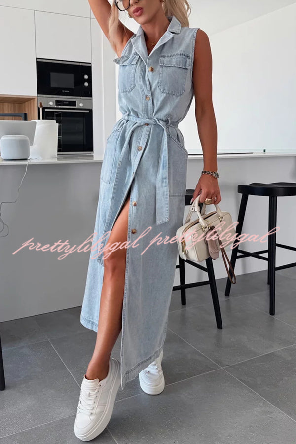 Solid Color Sleeveless Denim Midi Dress with Waist Tie & Pockets - Casual Summer Dress for Women, Perfect for Beach Outings, Picnics, and Weekend Brunch