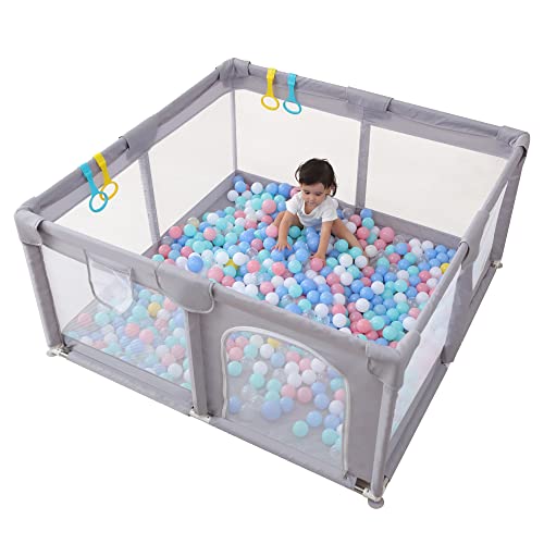 Amuya 51x51 Inch Baby Playpen with 30 Balls & 4 Pull Rings - Large Play Yard for Babies & Toddlers - Safe Indoor/Outdoor Play Area for Crawling, Learning & Fun (Light Gray)