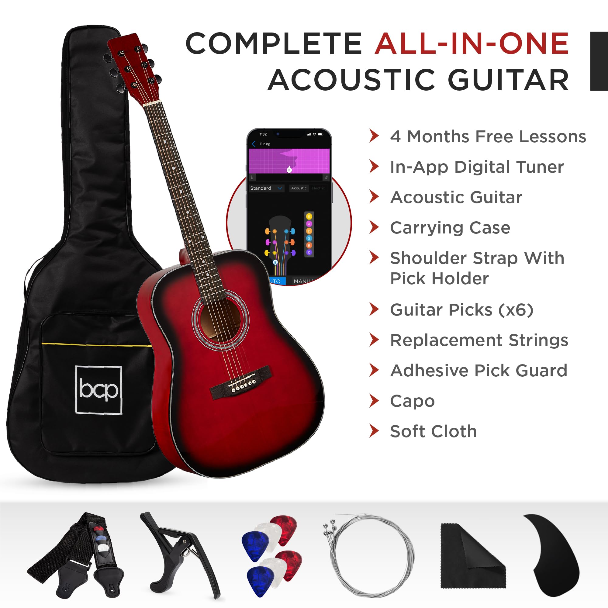 Best Choice Products 41in Full Size All Wood Acoustic Guitar Starter Set with Gig Bag, Strap, Capo, Strings & Picks - Red Burst | Perfect for Beginners, Practice, Performances & Gifts