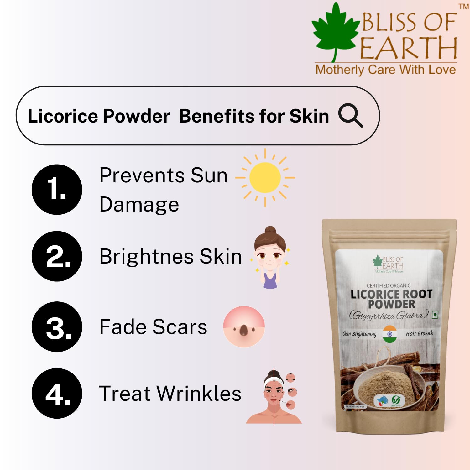 Organic Licorice Root Powder (Mulethi) 453g Pack of 2 | Skin Whitening, Hair & Face Care | USDA Certified for Eating & Beauty | Perfect for DIY Masks, Tea & Holistic Wellness
