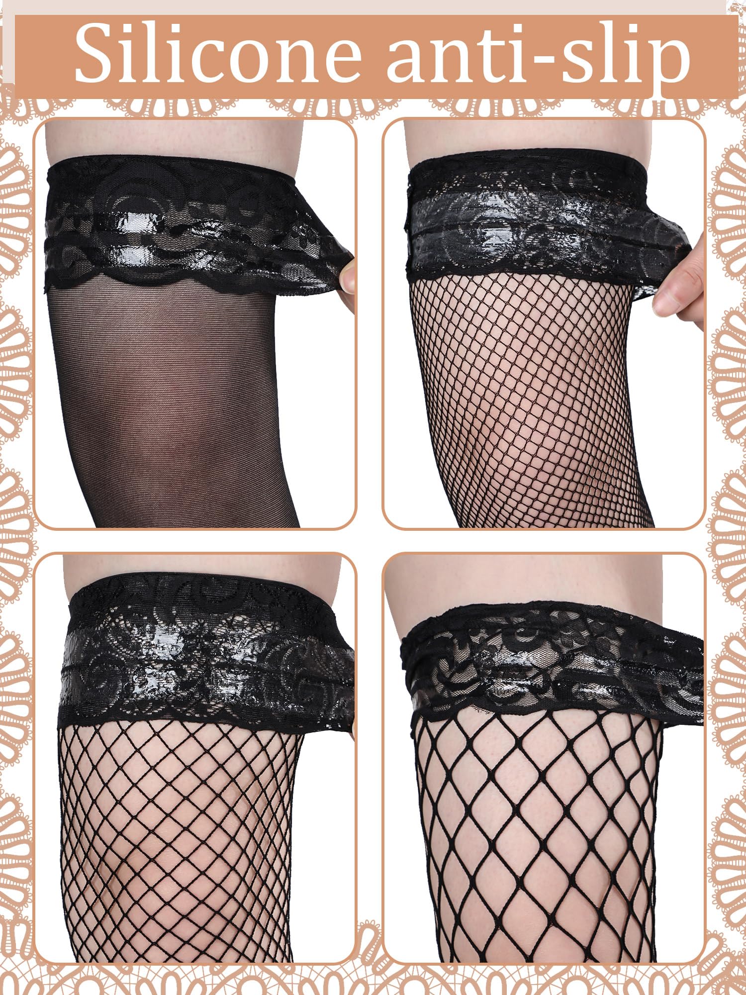 10 Pairs Women's Silk Fishnet Thigh High Stockings with Lace Top - Sheer Over The Knee Stockings for Valentine's Day, Date Night & Boudoir Lingerie