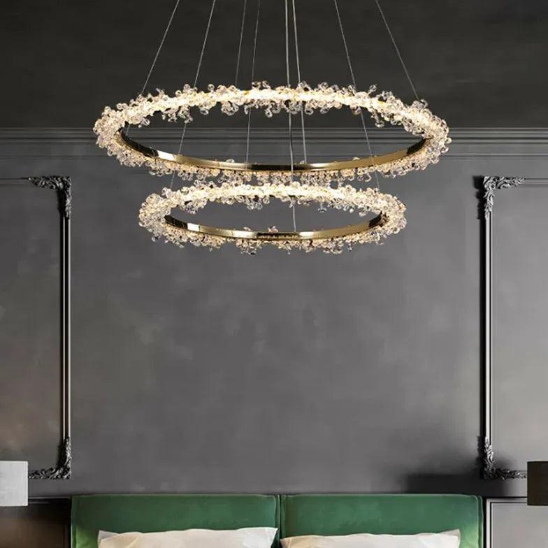 Crystal Beaded Modern Pendant Light Fixture - Elegant Ring Design for Dining Room, Kitchen Island & Bedroom Lighting