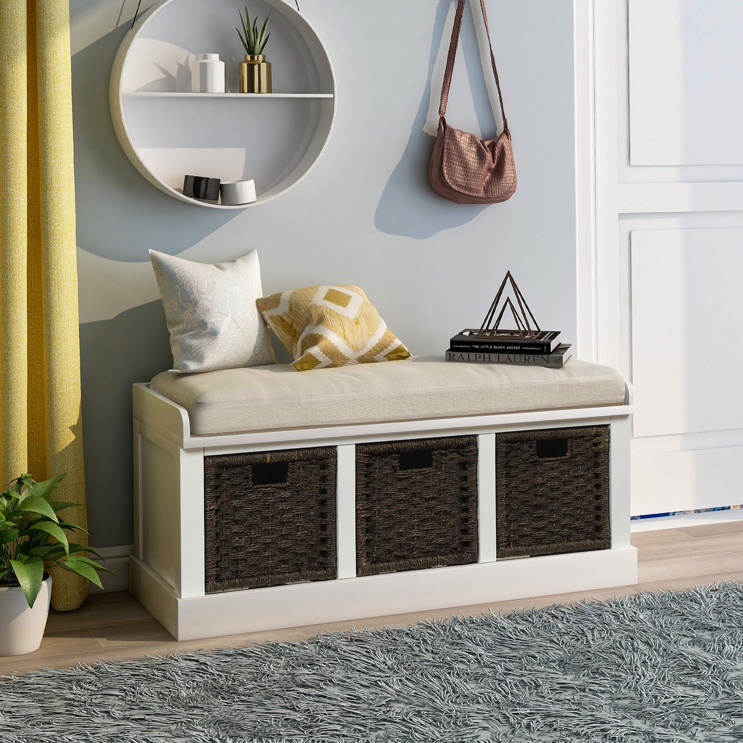 Wicker Storage Bench with 3 Woven Baskets & Removable Cushion - Wooden Entryway Shoe Bench for Hallway, Living Room, Bedroom - White - Perfect for Organizing Shoes, Blankets & Home Decor in Small Spaces