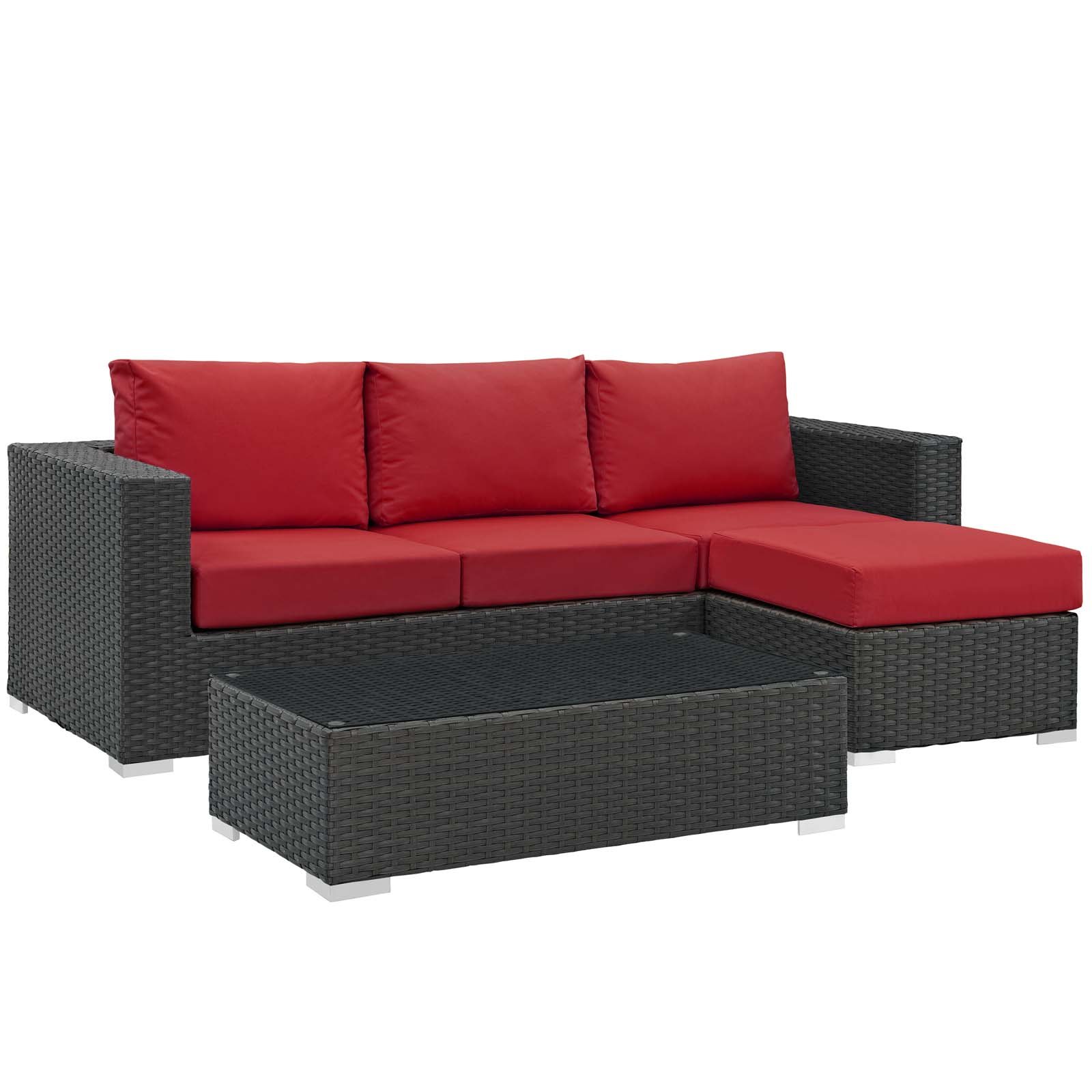 Modway Sojourn 3-Piece Wicker Rattan Outdoor Patio Sectional Set with Sunbrella Cushions in Canvas Red - Perfect for Backyard, Poolside & Garden Relaxation