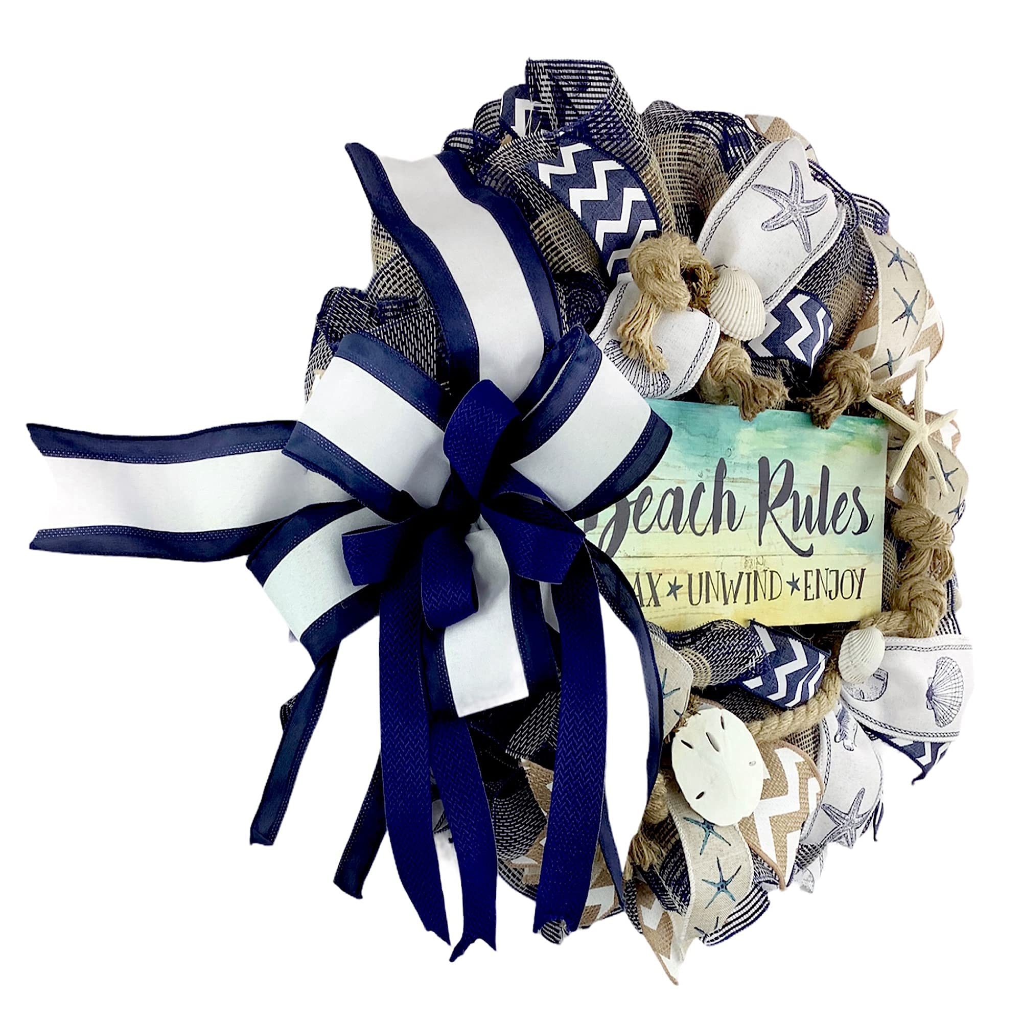 Artisan 'Beach Rules' Navy & Tan Plaid Nautical Coastal Wreath with Starfish, Sand Dollar & Seashells - Jute Deco Mesh Decor for Beach House, Porch, Front Door, Summer Coastal Decor