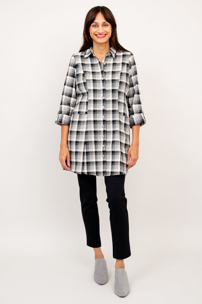 Larissa Tunic Top - Black Retro Plaid Cotton Flannel Shirt for Women | Vintage Style Fall Winter Fashion | Perfect for Casual Outfits, Office Wear & Holiday Parties