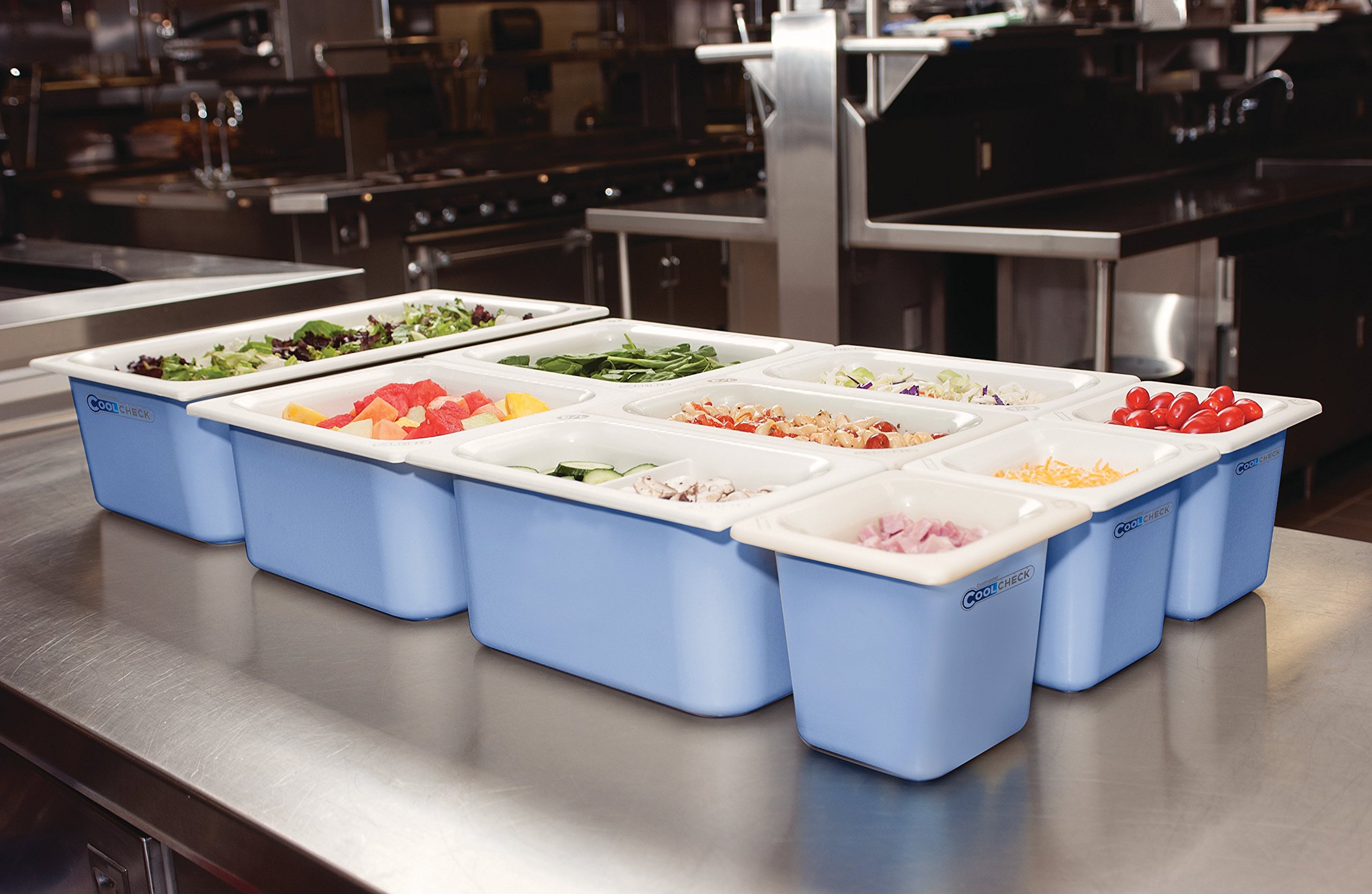 Carlisle FoodService Coldmaster Coolcheck 6-Quart Plastic Food Pans - White & Blue Commercial-Grade Cold Food Containers for Catering, Restaurants & Kitchen Use | Perfect for Buffet Serving, Salad Storage & Food Prep