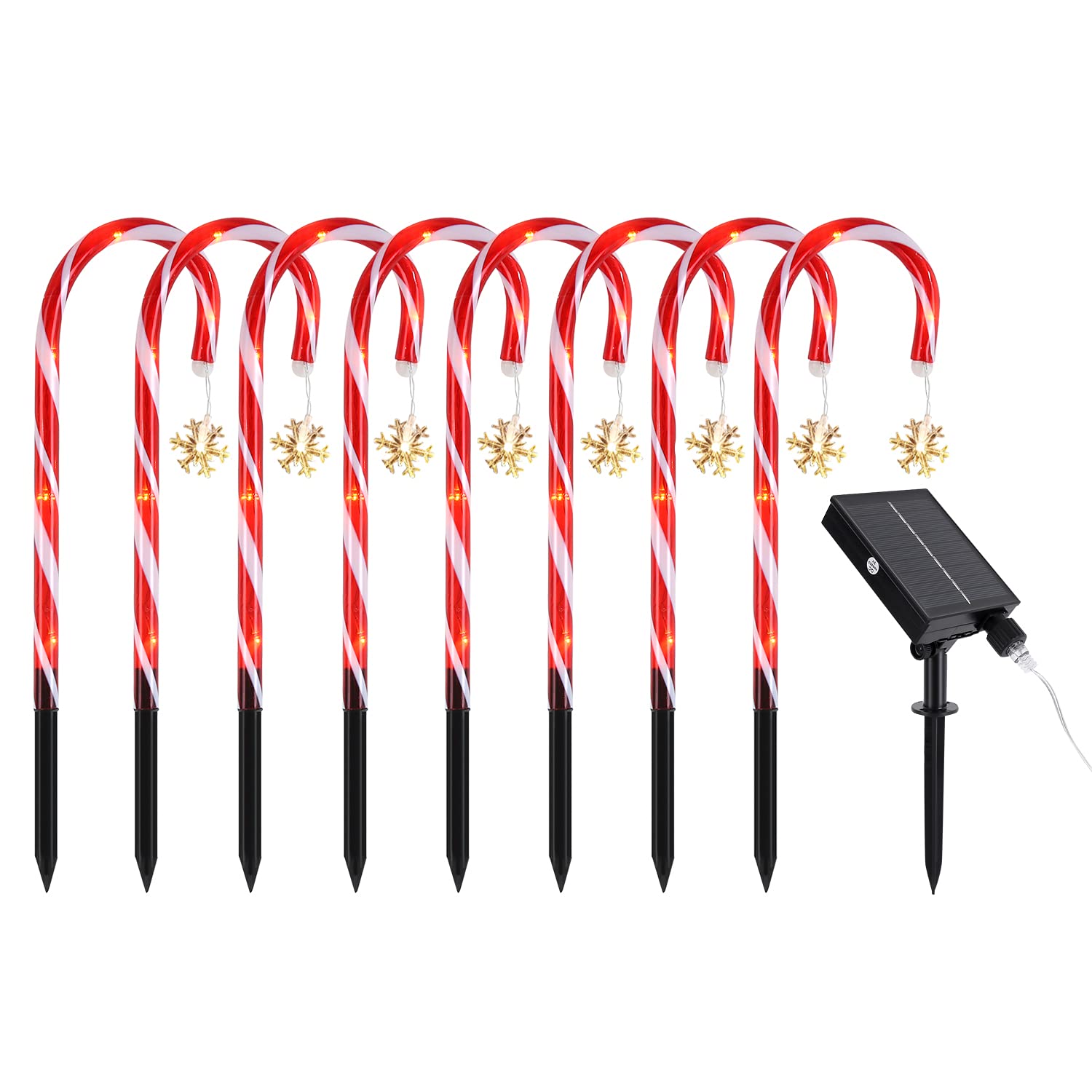18.9 Inch Solar Christmas Candy Cane Pathway Markers - Set of 8 Outdoor LED Holiday Decorations for Yard, Patio & Garden - Waterproof Snowflake Design for Xmas, Winter & Party Decor
