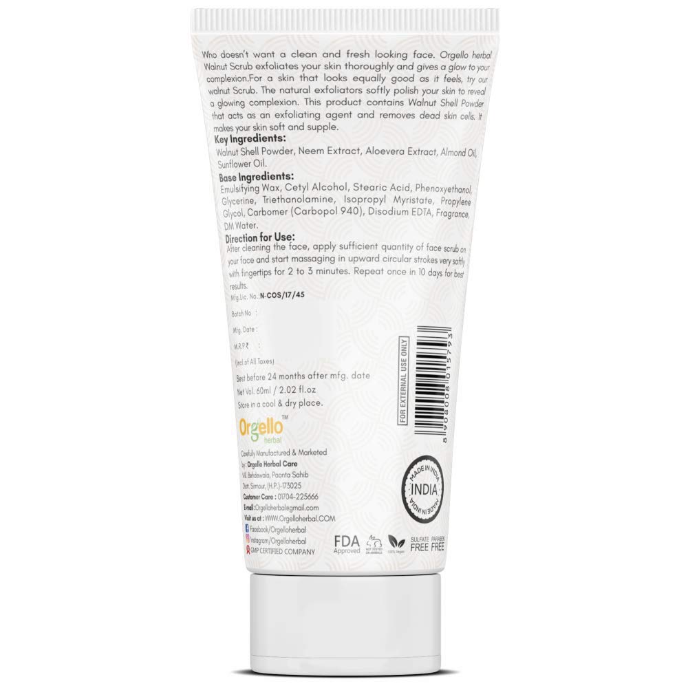 Orgello Herbal Walnut Scrub 60g (Pack of 2) - Natural Face & Body Exfoliator for Men & Women - SLS, Paraben & Mineral Oil Free - Ideal for Normal, Oily & Dry Skin - Perfect for Daily Skincare Routine & Spa Treatment at Home