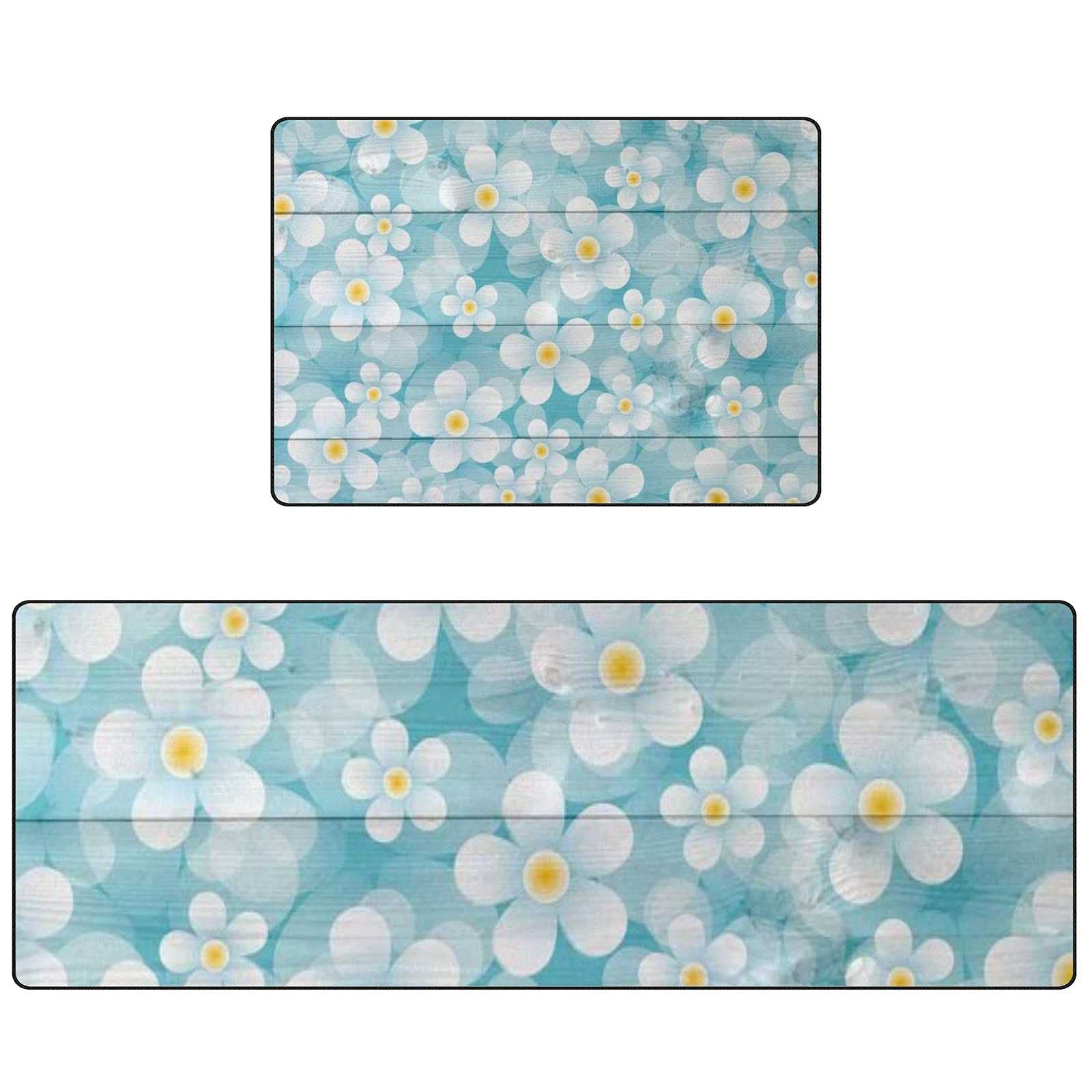 Non-Slip Kitchen Rugs Set of 2 - Soft Absorbent Coral Velvet Washable Floor Mats (17.7×29.1Inch + 17.7×58.2Inch) - Daisy Wood Blue Design for Modern Kitchens | Perfect for High-Traffic Areas, Sink & Stove Protection