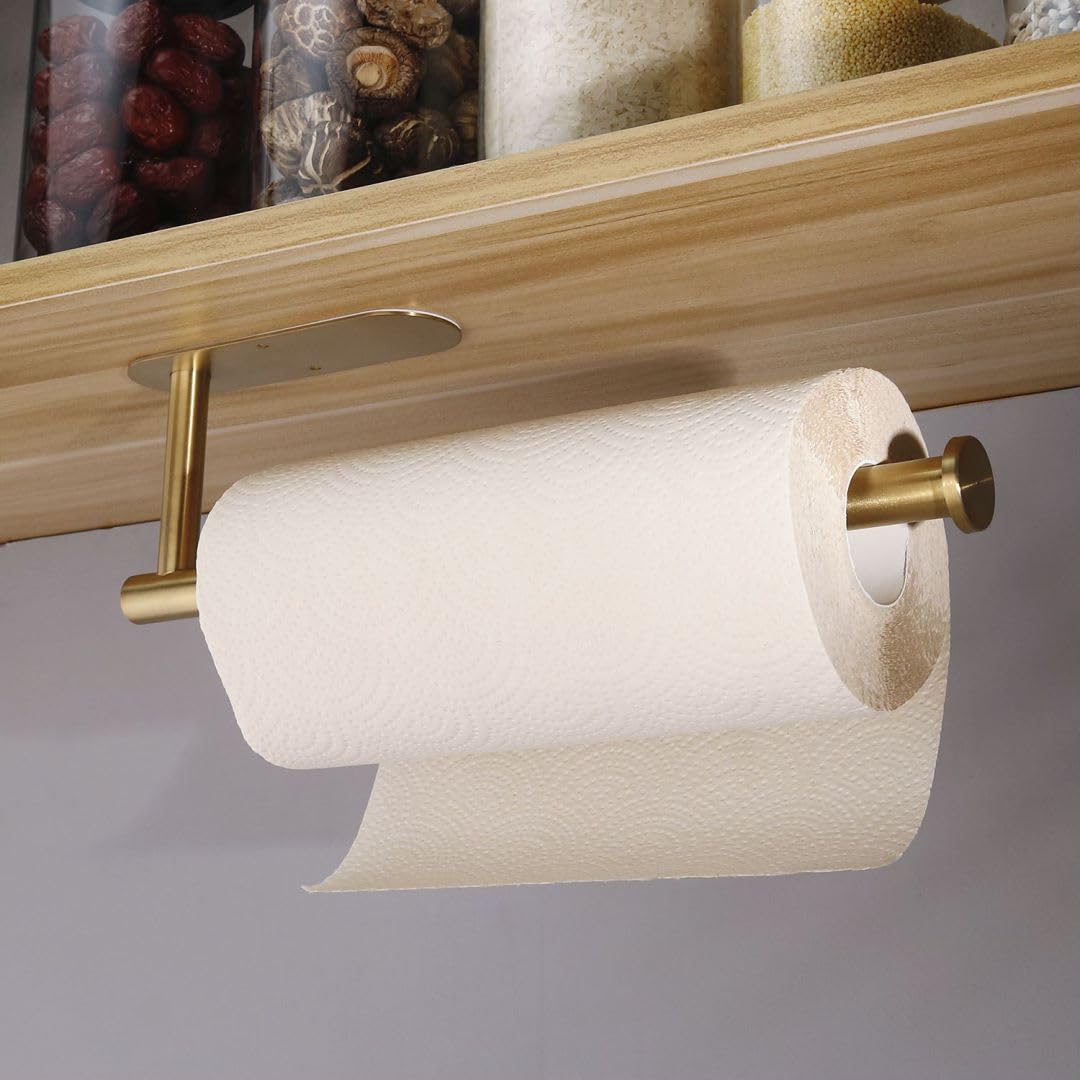 13 Inch Gold Adhesive Paper Towel Holder - Under Cabinet & Wall Mount Kitchen Towel Organizer for Home, Office, or RV Use