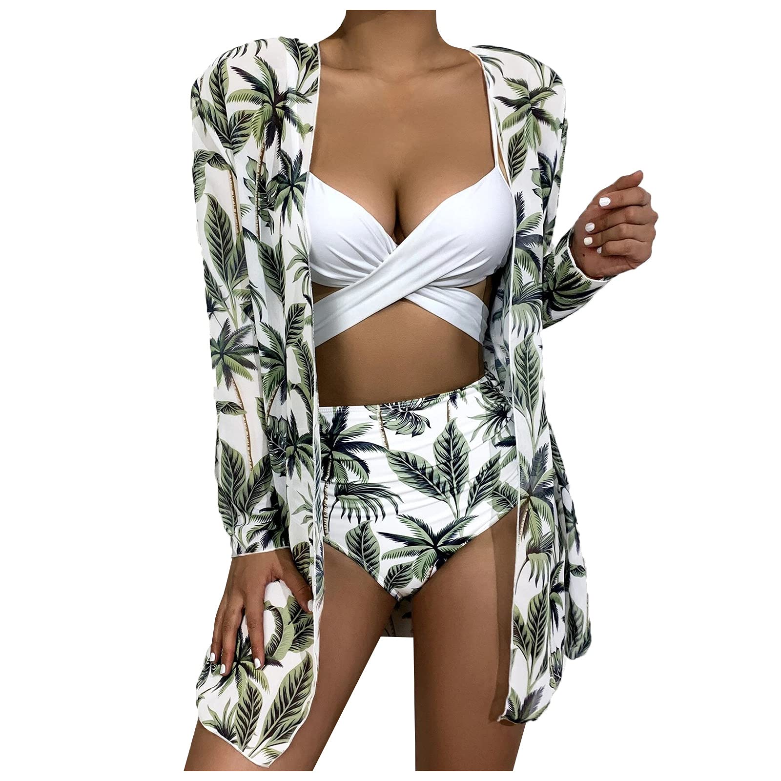 Sexy Women's Printed Bikini 3-Piece Mesh Swimsuit Set - High Waist Bikini Top & Bottom with Cover Up for Beach, Pool Party, Vacation & Summer Swimwear
