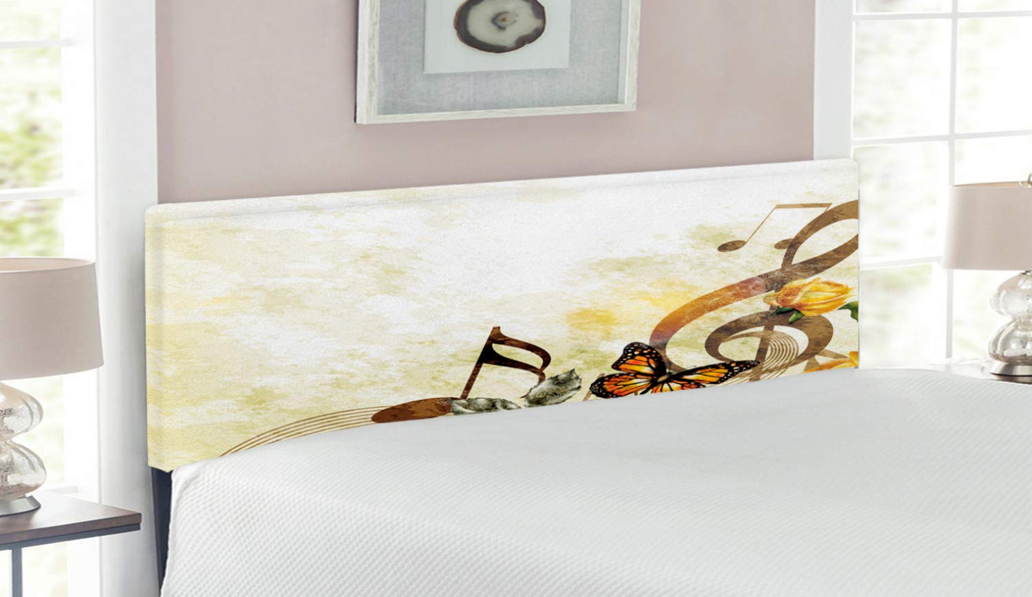 Ambesonne Music Headboard - Victorian Floral Design with Memory Foam, Queen Size Upholstered Bed Frame in Sepia & Yellow | Perfect for Romantic Bedrooms, Bridal Suites & Vintage Home Decor