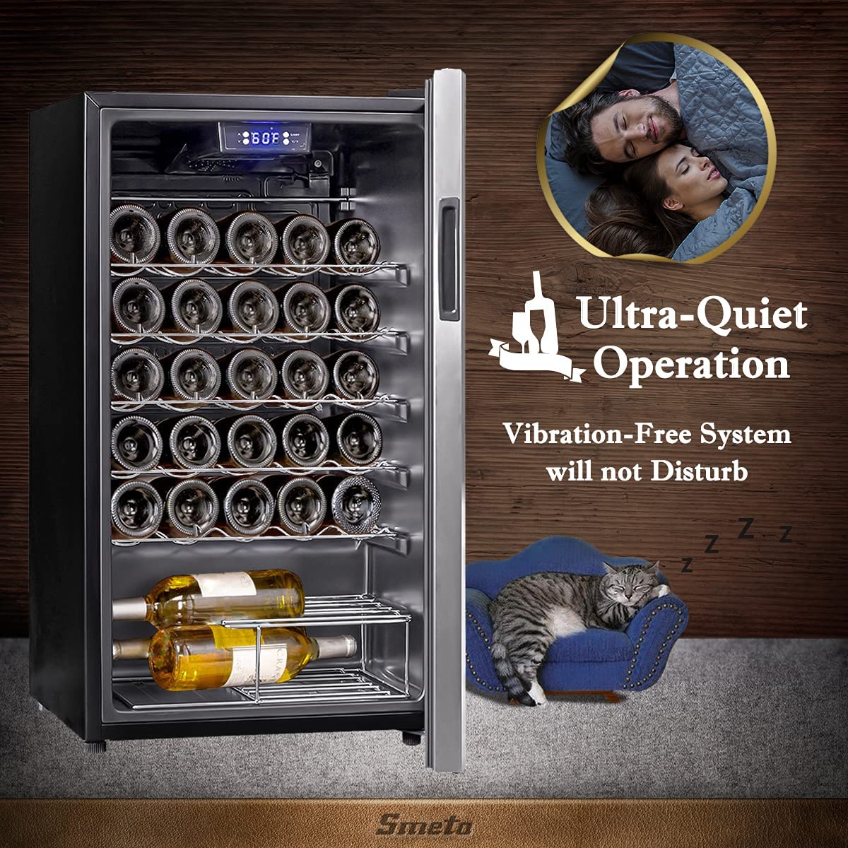 SMETA 33 Bottle Under Counter Wine Cooler - Stainless Steel Black Wine Fridge with Glass Door, Digital Touch Screen & LED Lights for Beer, Wine & Drinks (95L) - Perfect for Home Bars, Restaurants, and Wine Cellars