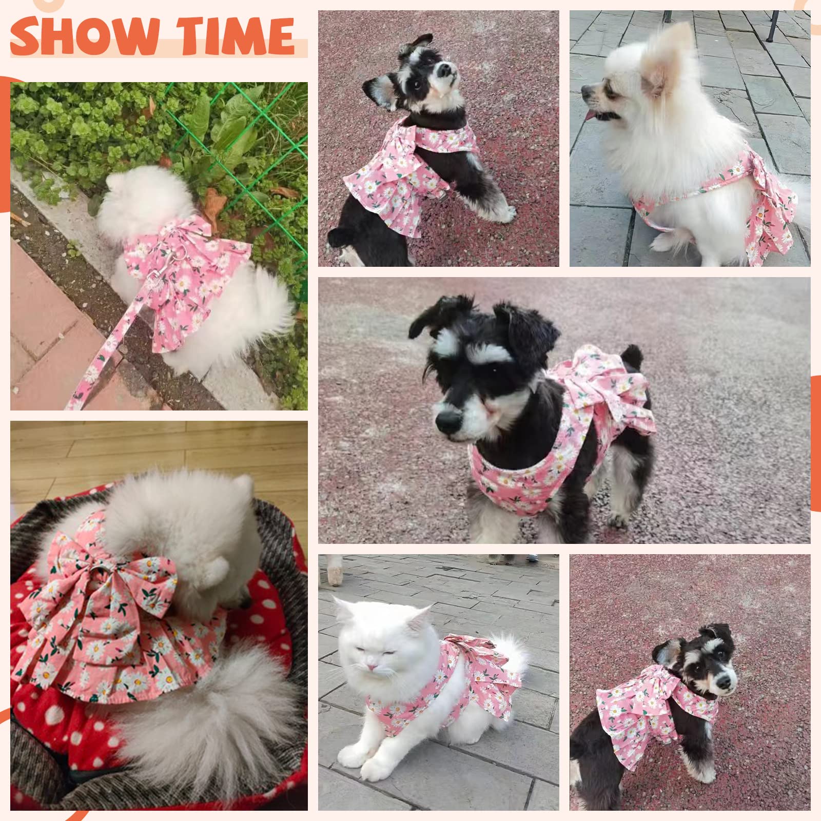 BAEJMJK Cute Floral Dog Dress with Bowknot Harness & Leash Set - Breathable Spring Summer Outfit for Small Dogs & Cats (Pink, X-Small) | Perfect for Puppy Princess Costumes, Pet Fashion Shows & Daily Walks