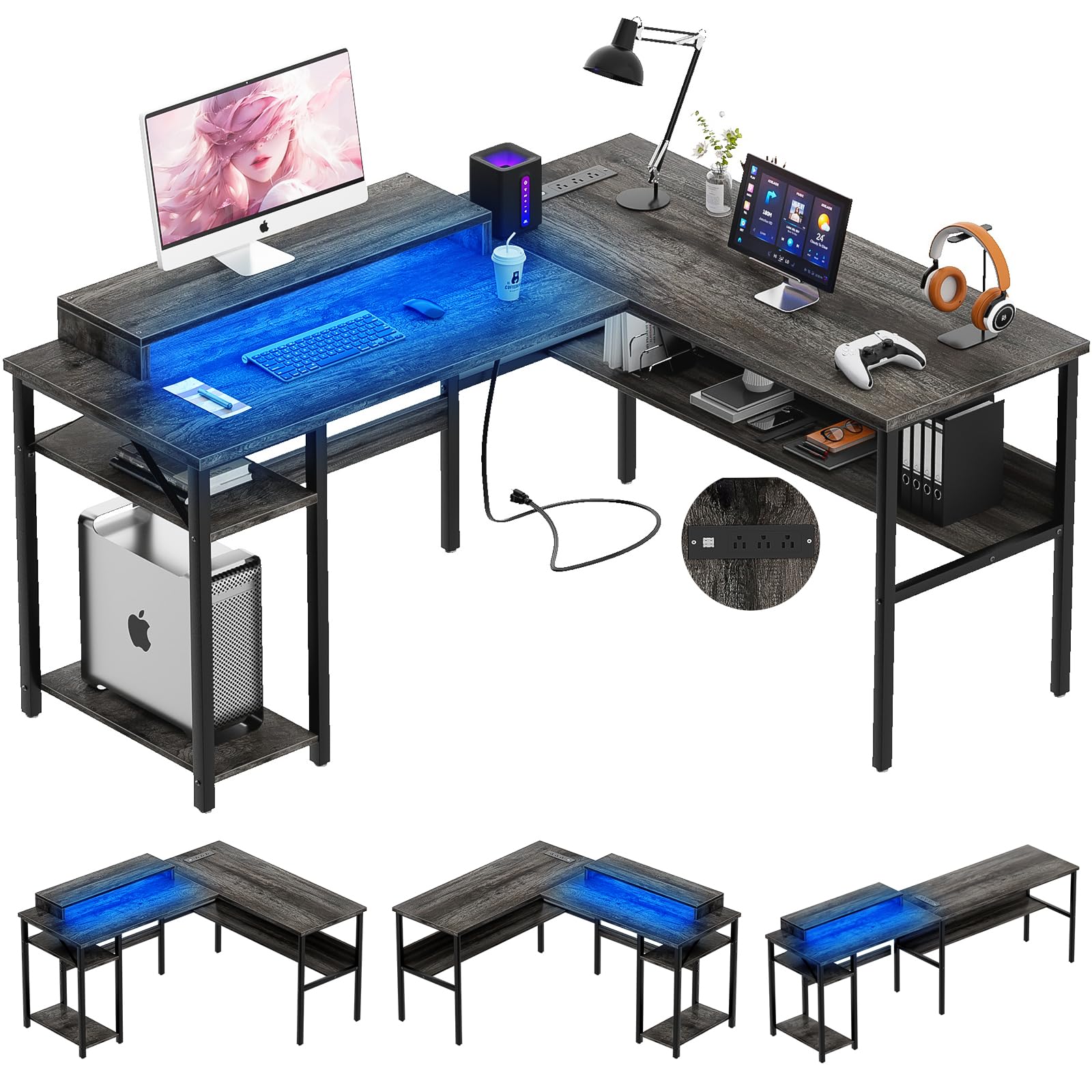 Unikito Reversible L-Shaped Desk with Power Outlets & RGB LED Lighting - Ergonomic Computer Desk with Monitor Stand & Storage Shelves - Sturdy Corner Workstation for Home Office (Black Oak) - Perfect for Gaming Setups & Small Space Workstations