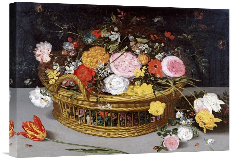Jan Bruegel The Elder Roses Tulips and Other Flowers in A Wicker Basket - Gallery Wrap Giclee Canvas Wall Art Print - Home & Office Decor - Perfect for Living Room, Bedroom, Dining Room