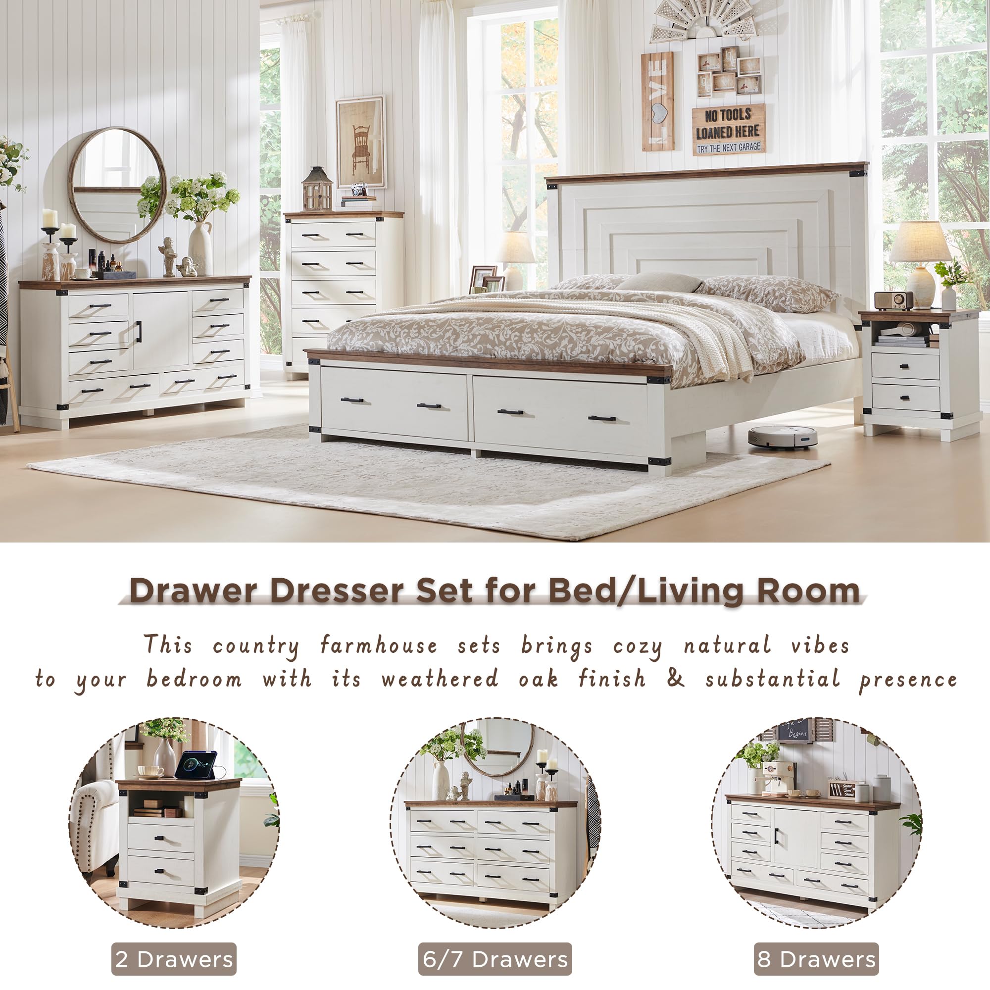 Farmhouse 5-Drawer Wood Dresser for Bedroom - Tall Chest of Drawers with Thick Plank Design, Rustic Closet Storage Organizer in Antique White - Perfect for Bedroom, Living Room & Guest Room Furniture