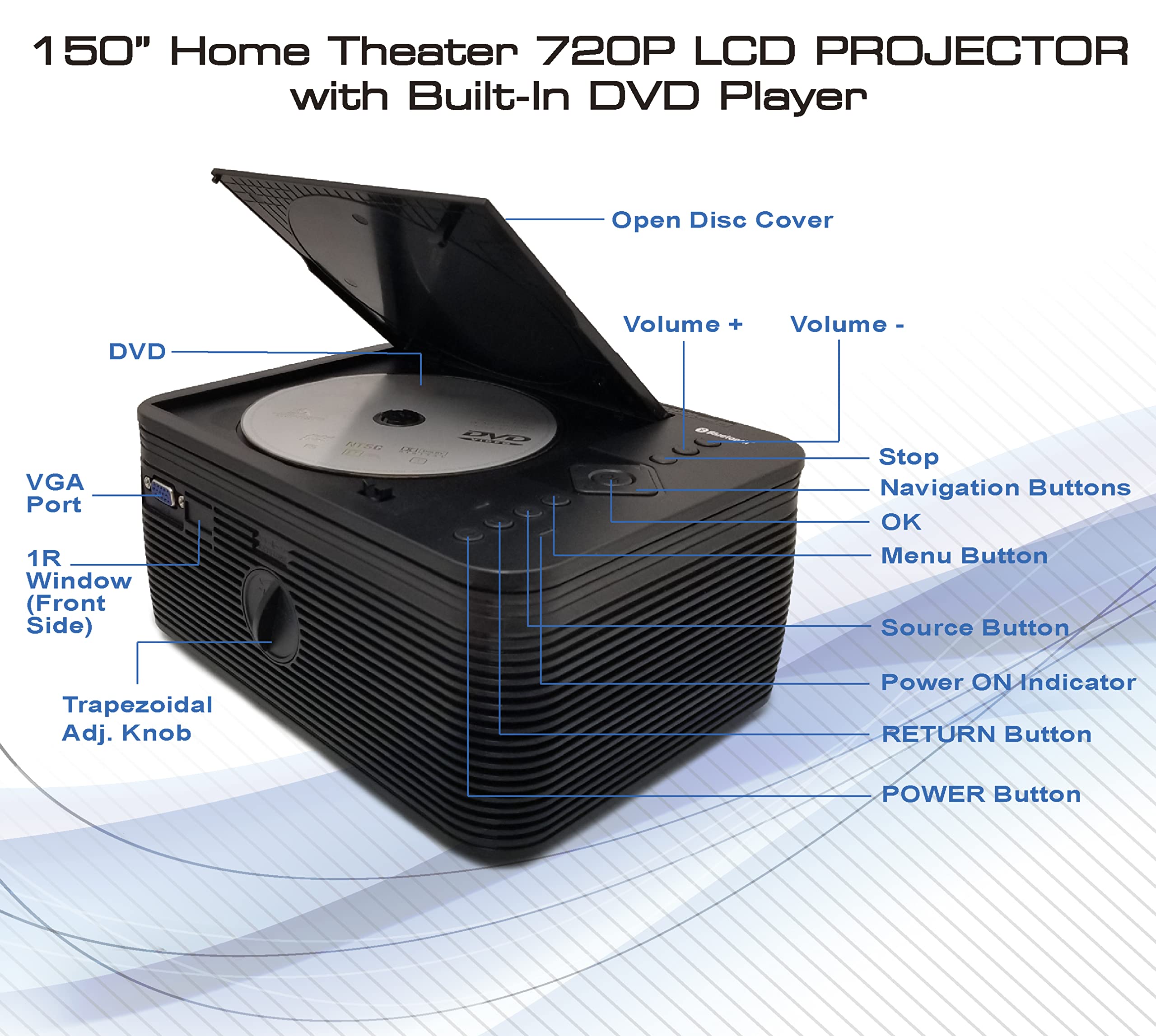 Naxa Electronics NVP-2500 150-Inch 720p LCD Projector with Built-in DVD Player & Bluetooth - Home Theater, Movie Nights, Gaming & Outdoor Entertainment