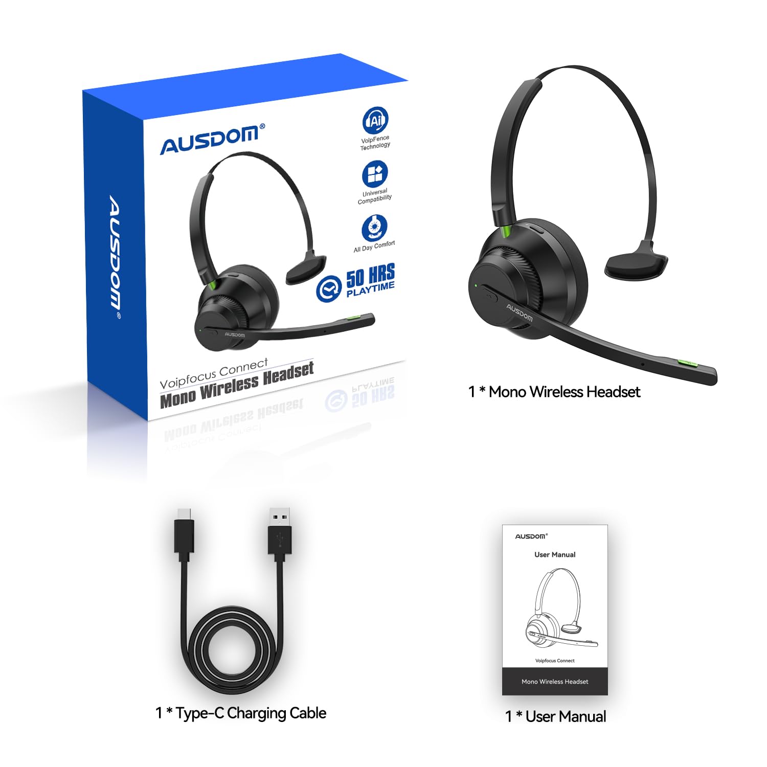 AUSDOM Wireless Bluetooth 5.2 Headset with AI Noise Cancelling Microphone - Trucker Headphones with Mute Button, 50 Hours Playtime - Perfect for Call Center, Office Work, Driving & Online Meetings