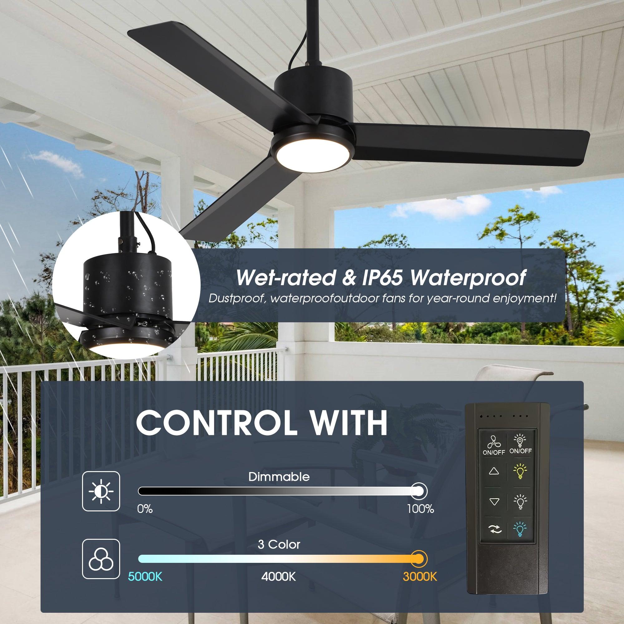 42 Inch IP65 Waterproof Ceiling Fan with LED Light - Indoor/Outdoor Use for Patio, Pool Area, Bathroom & Covered Porches - Black Finish with Convenient Hanging Hook