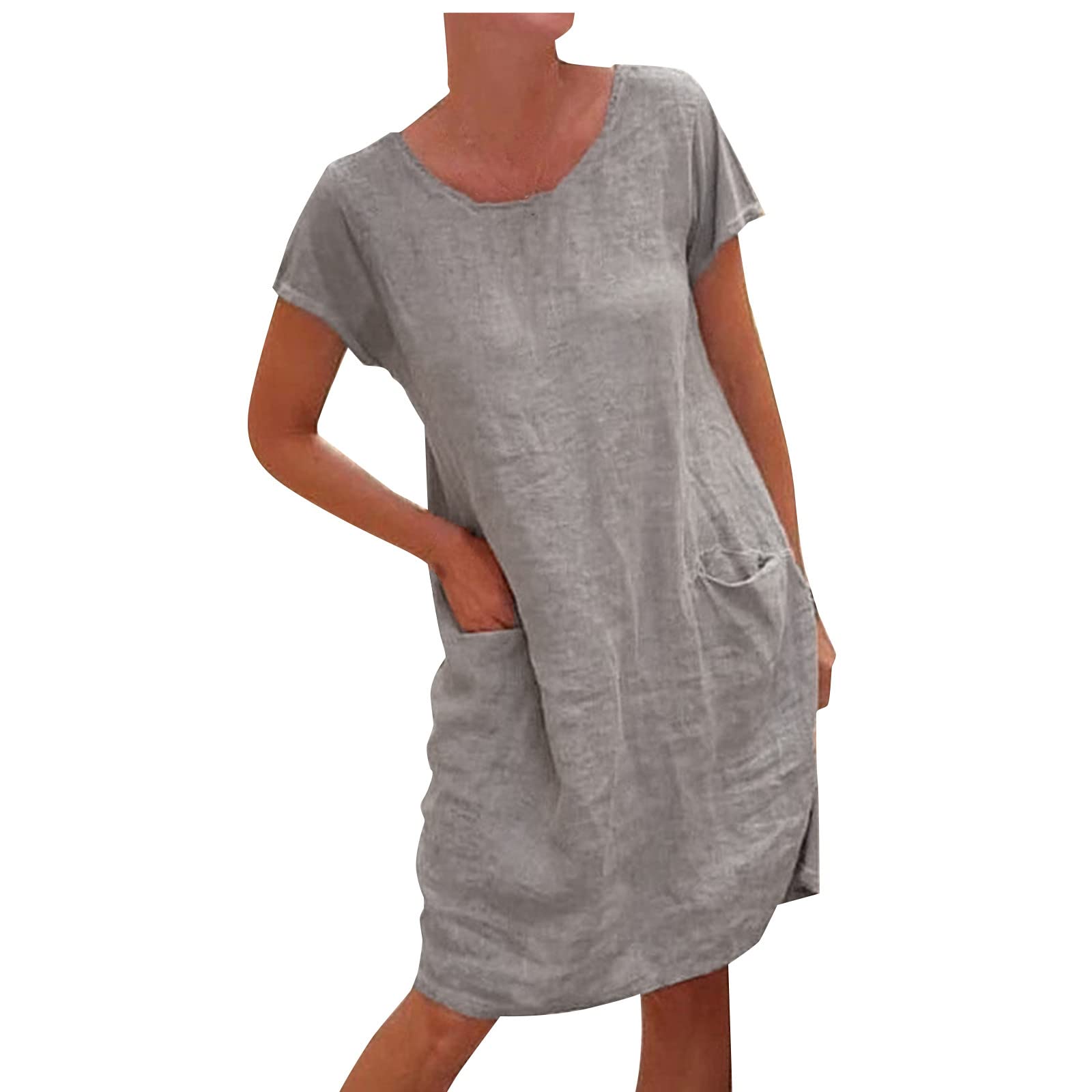 Women's Summer Linen Dress - O-Neck Short Sleeve High Waist Flowy Beach Dress in Solid Colors | Perfect for Evening Parties, Vacations & Casual Outings