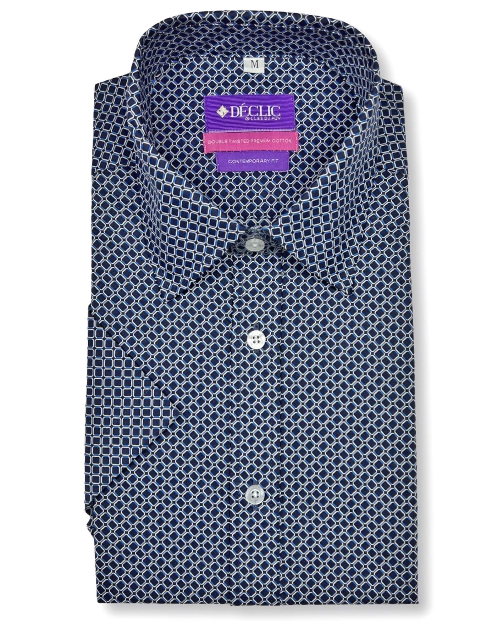 DÉCLIC Linx Pattern Print Short Sleeve Shirt for Men - Navy Blue Casual Button Down Shirt for Summer, Office & Outdoor Activities