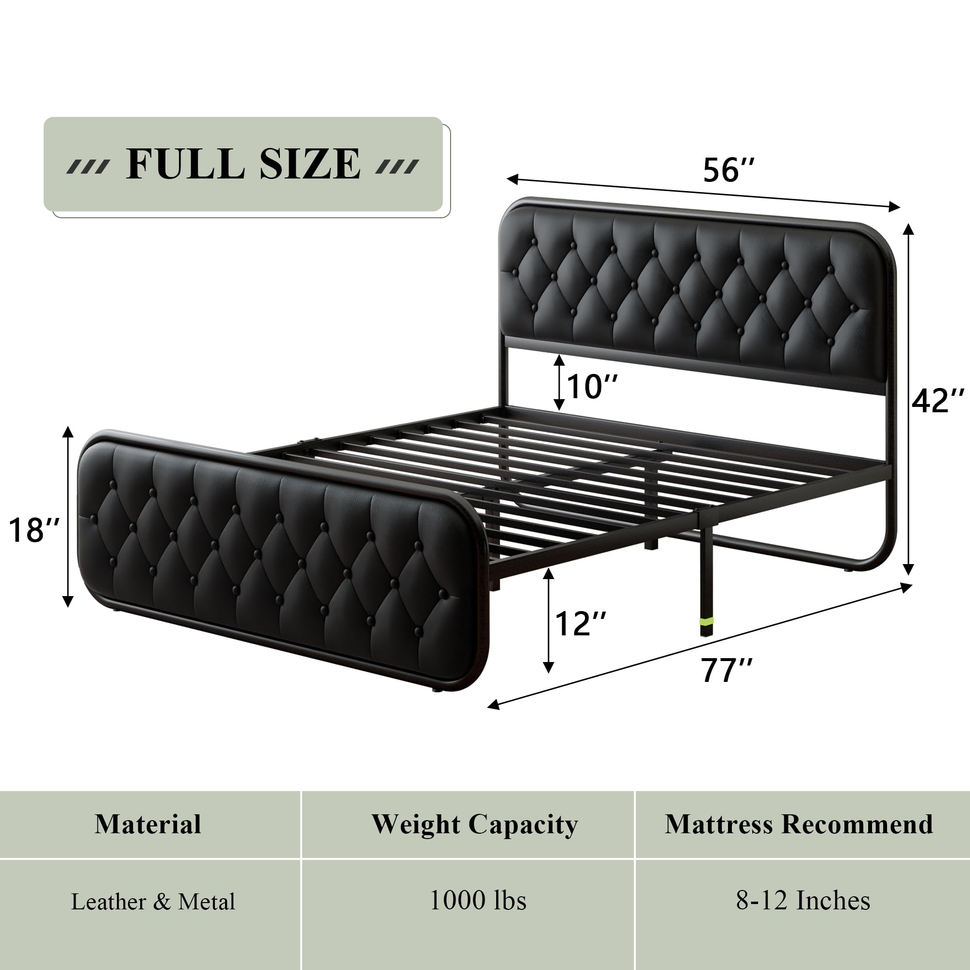 Feonase Full Size Bed Frame with Faux Leather Headboard - Heavy Duty Upholstered Platform Bed with Sturdy Metal Slats | 12