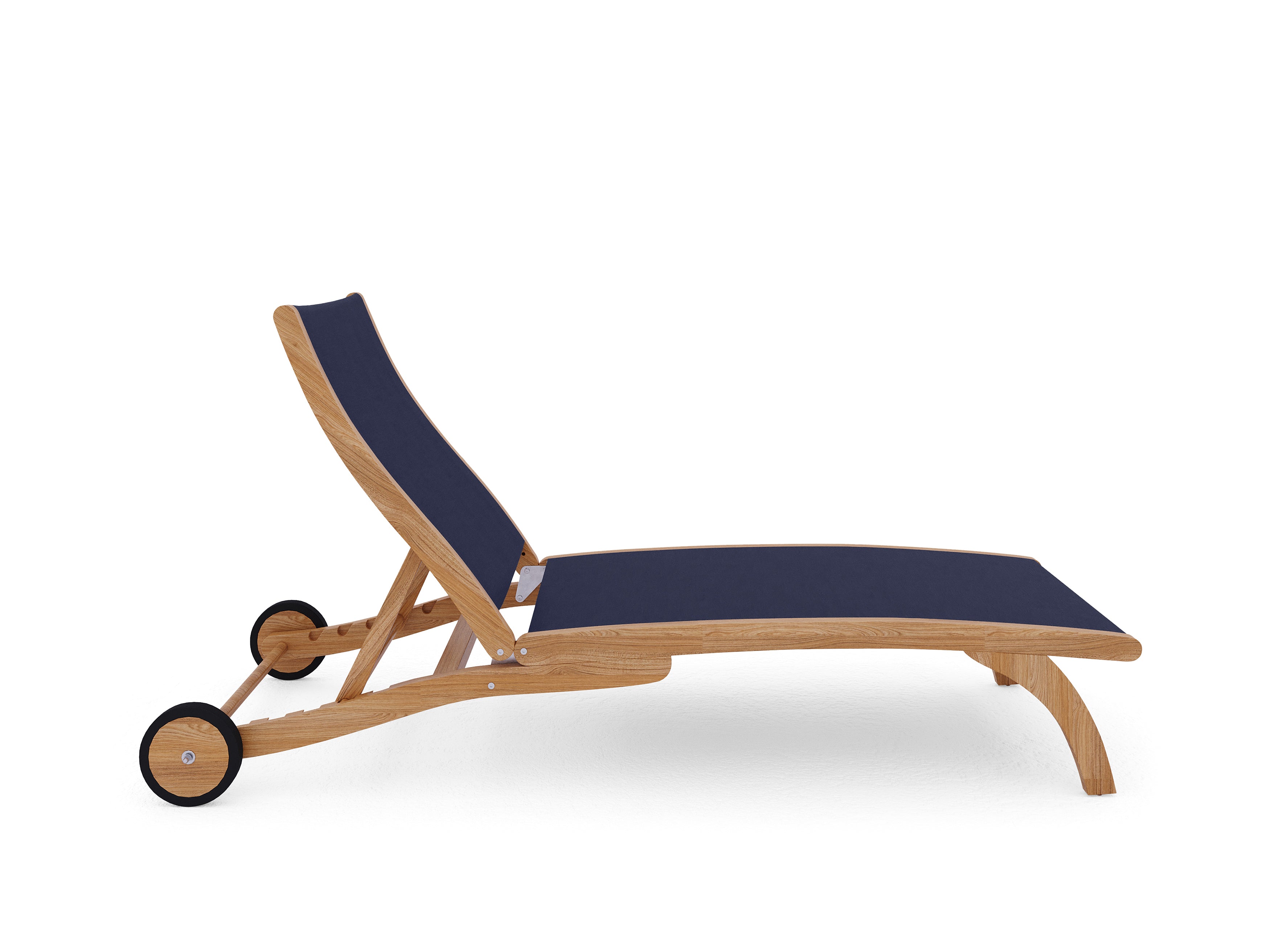 Premium Perrin Teak Outdoor Reclining Chaise Lounge Chair - Blue Cushion with Rear Wheels - Perfect for Poolside, Patio, Beach & Backyard Relaxation