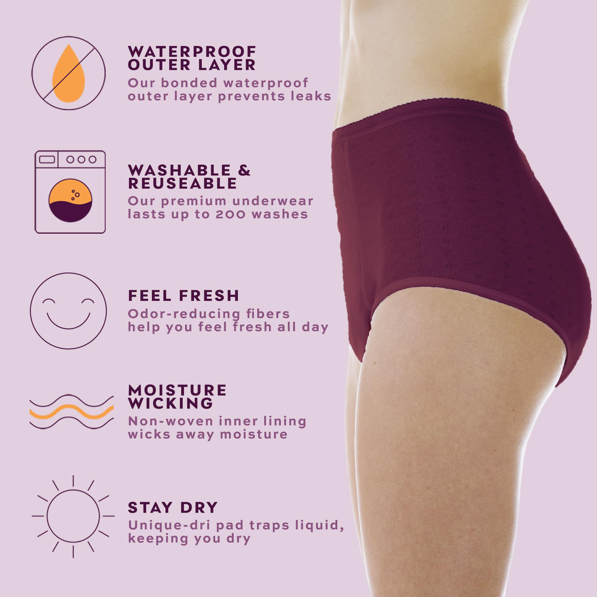 Wearever Women's Incontinence Underwear for Bladder Control - Super Absorbent Reusable & Washable Leak Proof Panties (6-Pack, Plum, Size 1X, Hip 43-44