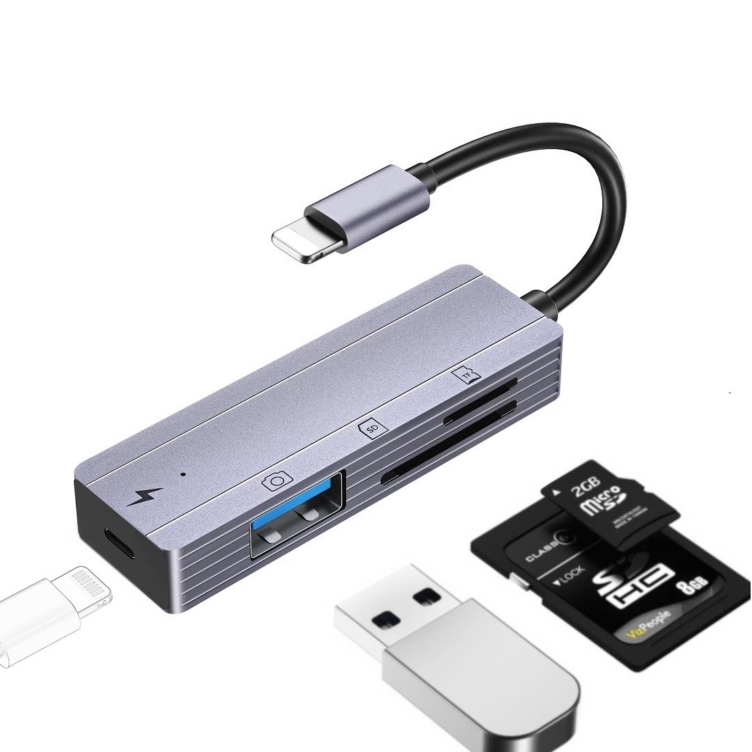 SD Card Reader for iPhone 14/13/12/11/X & iPad - USB Camera Adapter, Micro SD/TF Card Viewer - No App Required (Gray) - Perfect for Transferring Photos from Trail Cameras, DSLRs & Drones