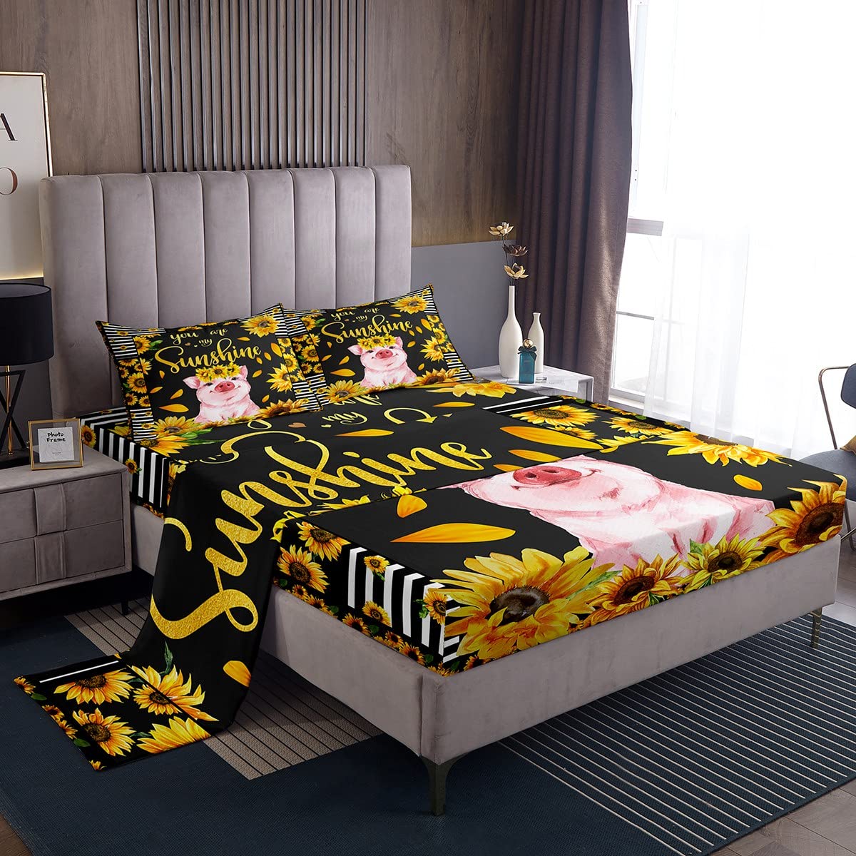 Cartoon Pig & Sunflower Bedding Set Twin Size - 3 Piece Floral Animal Print Sheet Set with Deep Pocket Fitted Sheet, Flat Sheet & Pillowcase for Kids, Teens & Adults | Perfect for Kids' Rooms, Dorm Decor & Cozy Bedroom Makeovers