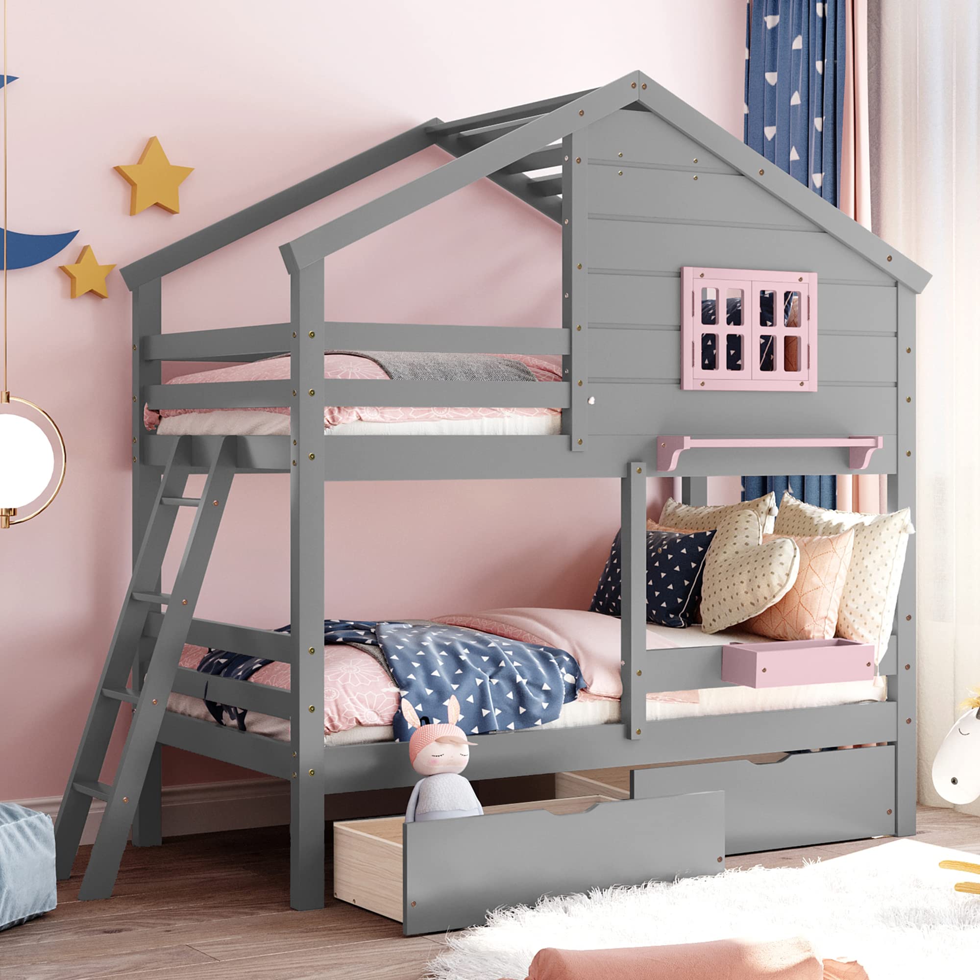P PURLOVE Twin Over Twin Wooden Bunk Bed with Side Ladder & 2 Drawers - House-Shaped Design with Roof, Window, Storage Box, Shelf & Guardrail - Perfect for Kids, Teens, Boys & Girls Bedrooms - Space-Saving Solution for Small Rooms & Shared Spaces (Gray)