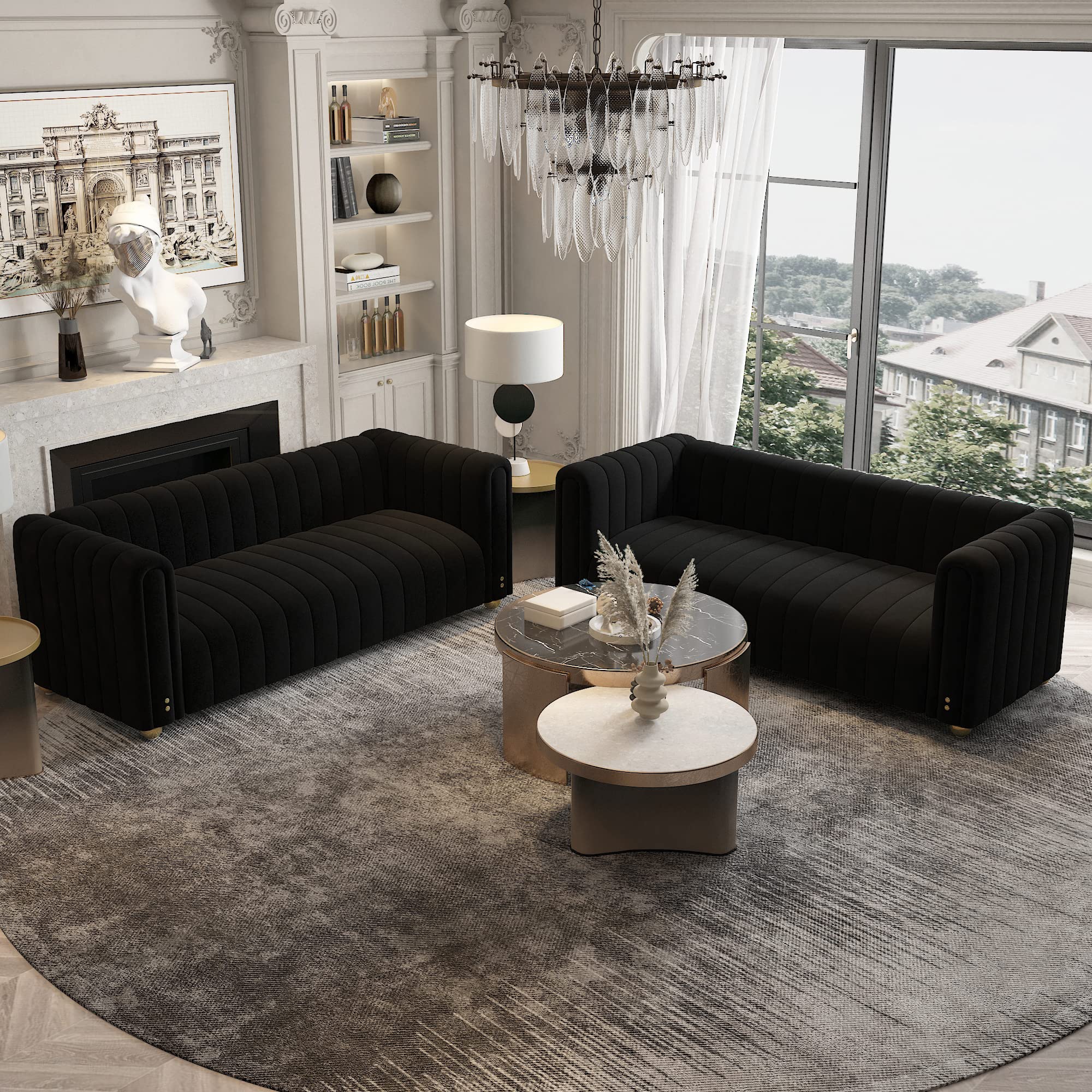 Mid Century Modern Velvet Sofa with Button Tufted Design & Gold Metal Legs - 2 Piece Loveseat Set for Living Room, Lounge, or Apartment (P51-Black) - Perfect for Small Spaces, Home Theater & Cozy Reading Nooks