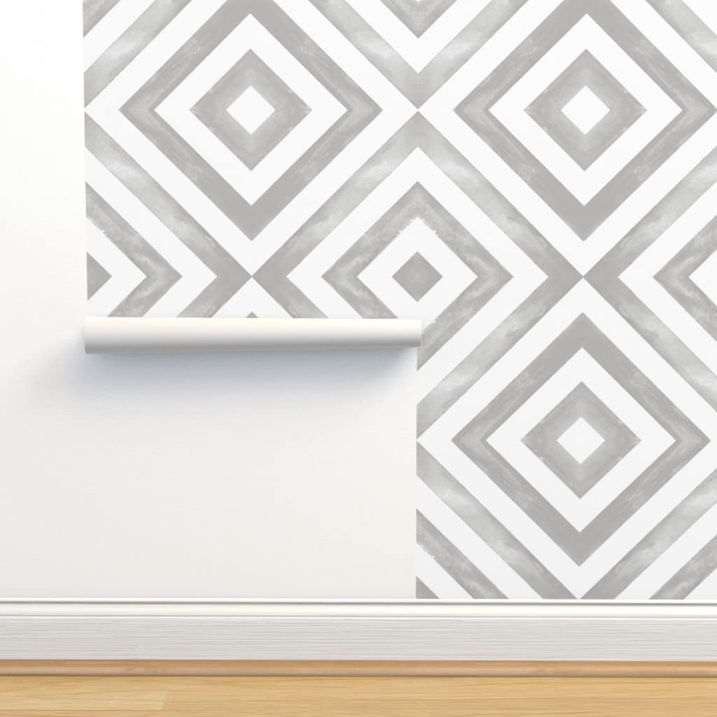 Peel & Stick Wallpaper 9ft x 2ft - Watercolor Diamond Grey Geometric Pattern, Neutral Removable Self-Adhesive Wallpaper for Bedroom, Living Room & Office Decor