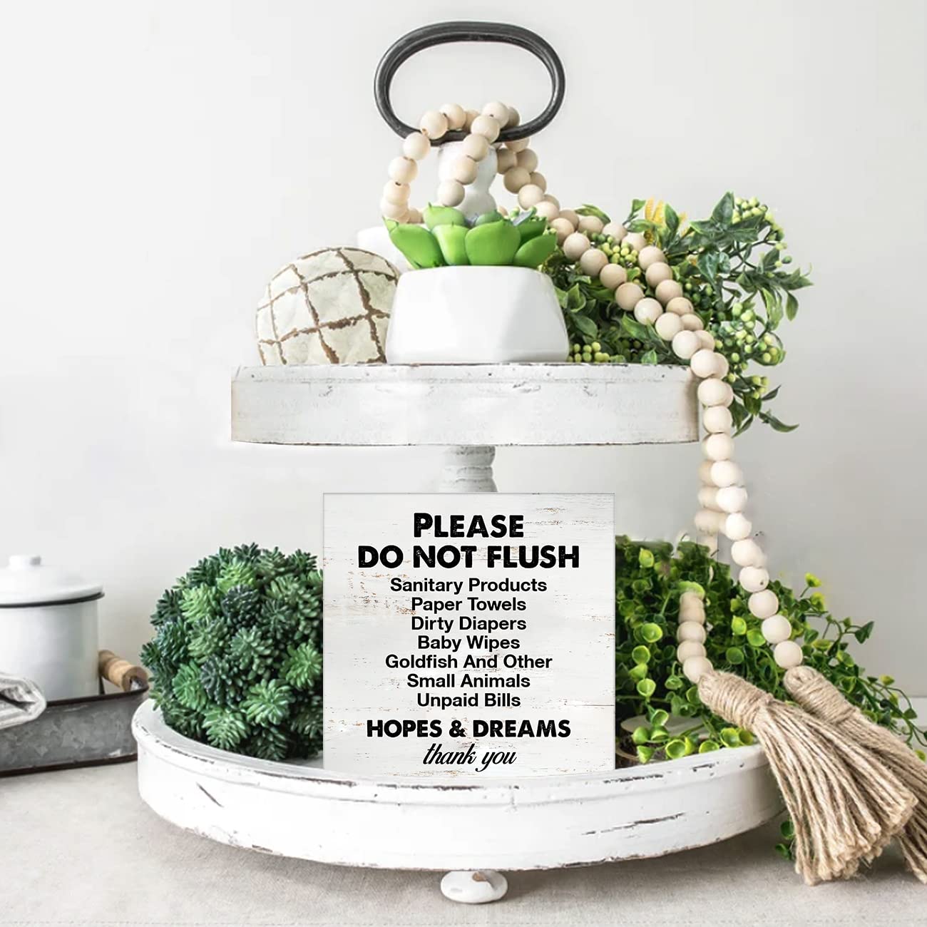 Rustic Wooden Bathroom Sign - 'Please Do Not Flush Sanitary Products' Funny Desk Decor (5x5 Inch) - Cute Wood Block Plaque for Home, Shelf & Table Decoration - Perfect for Bathroom, Powder Room & Guest Toilet Humor