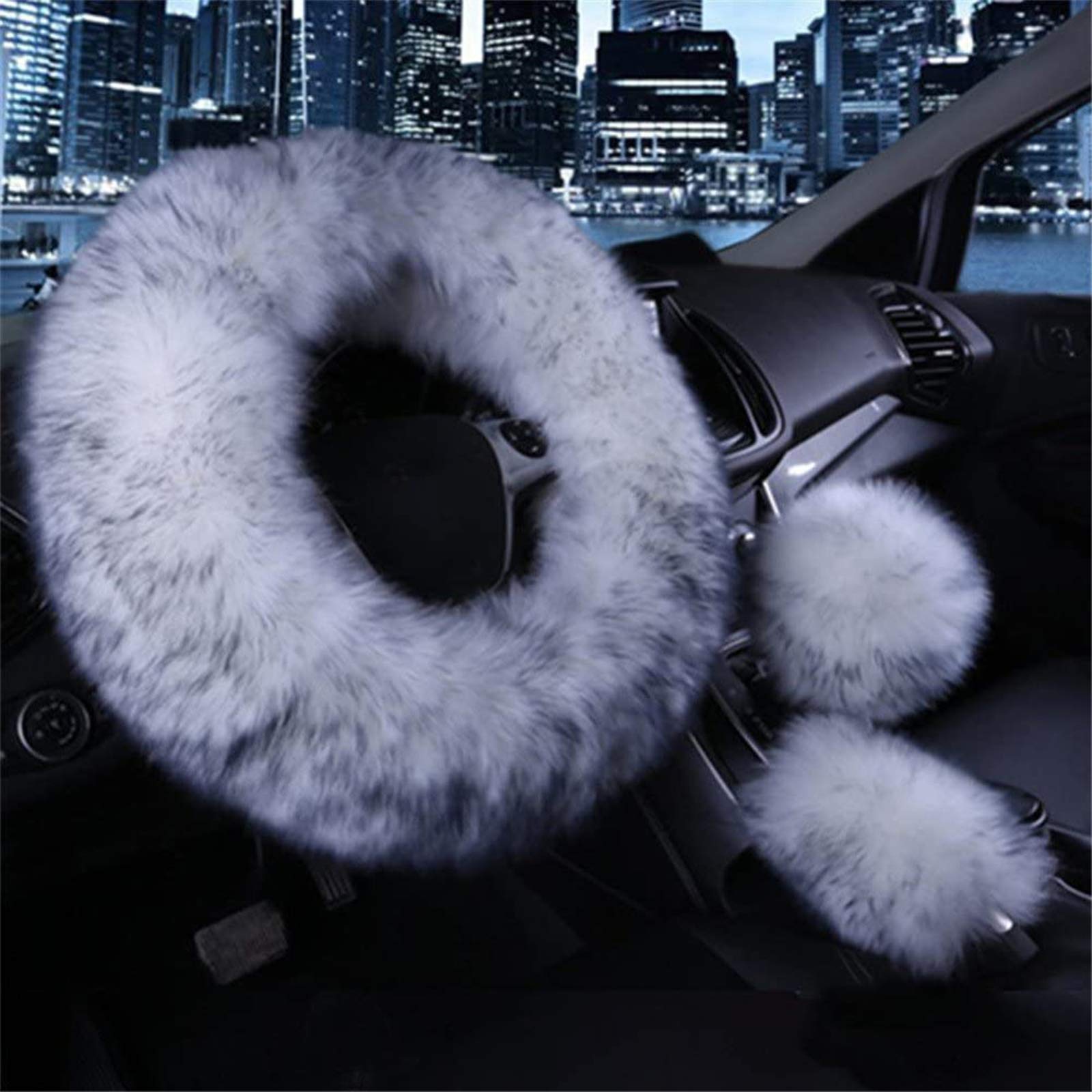 3 Pcs Car Steering Wheel Cover, Handbrake Cover & Gear Shift Cover Set - Soft Faux Wool Warm Winter Accessories (White & Gray) for Comfortable Driving in Cold Weather