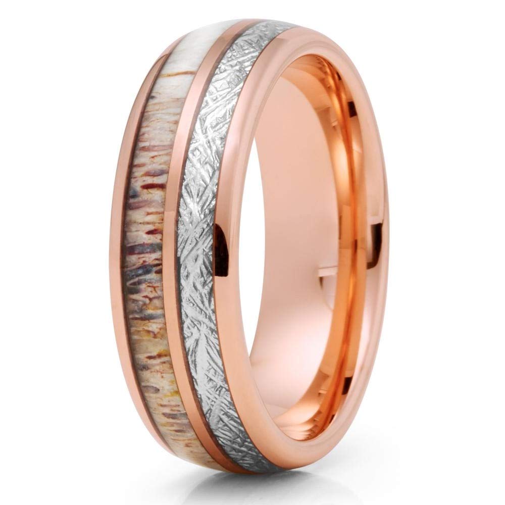 Silly Kings Deer Antler Tungsten Wedding Band for Men - 8mm Rose Gold Comfort Fit Ring - Anniversary & Engagement Jewelry - Perfect for Outdoor Enthusiasts & Nature Lovers