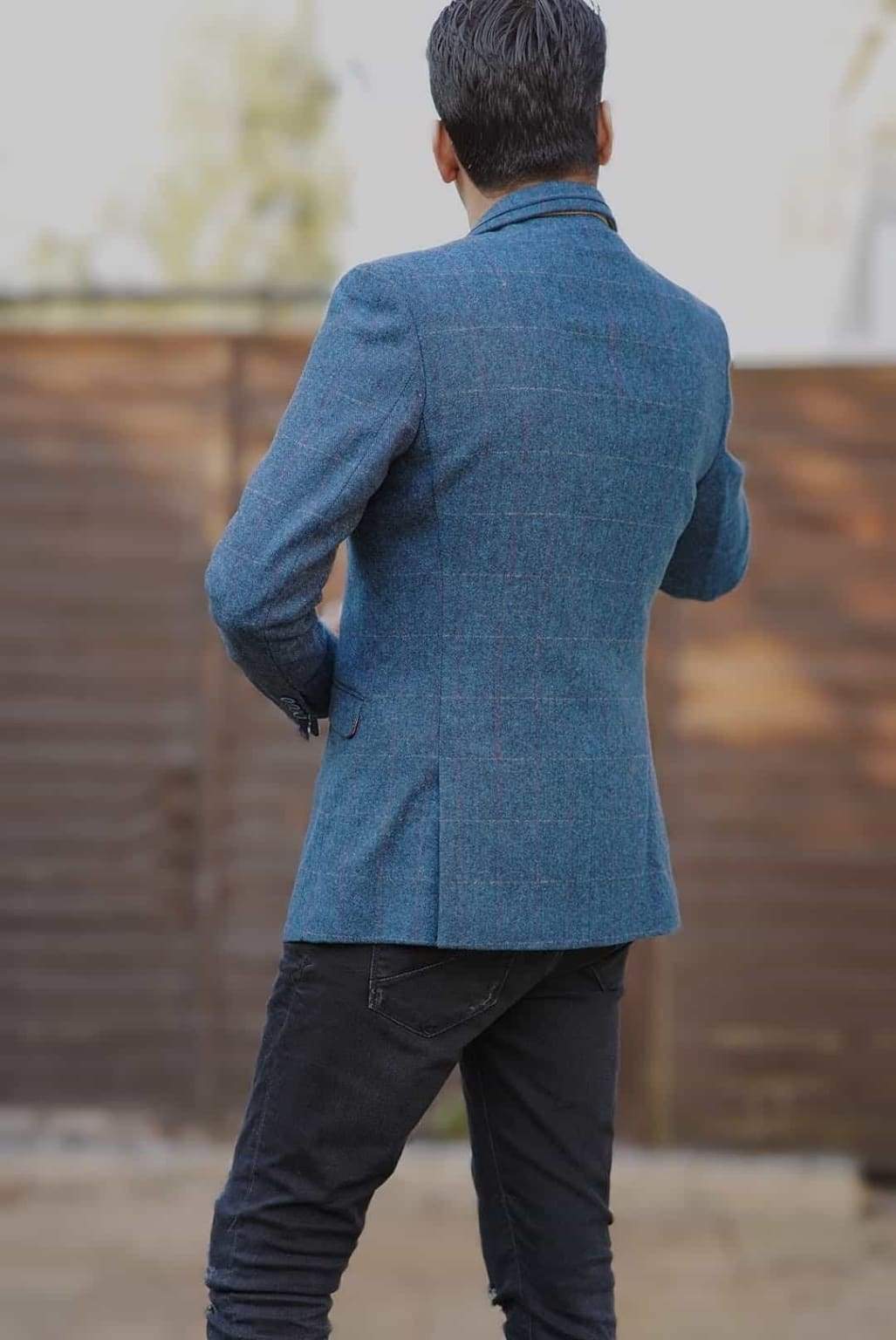 Cavani Carnegi Men's Blue Slim Fit Tweed Check Blazer Jacket for Business, Wedding & Formal Occasions