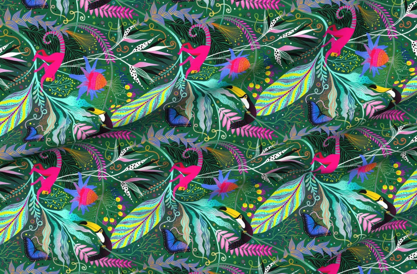 Tropical Maximalist Bright Jungle Print Fabric - Organic Cotton Sateen Fat Quarter for Sewing, Quilting, Apparel & Home Decor | Summer Island Toucan Monkey Design | Perfect for DIY Projects, Pillow Covers & Boho Decor