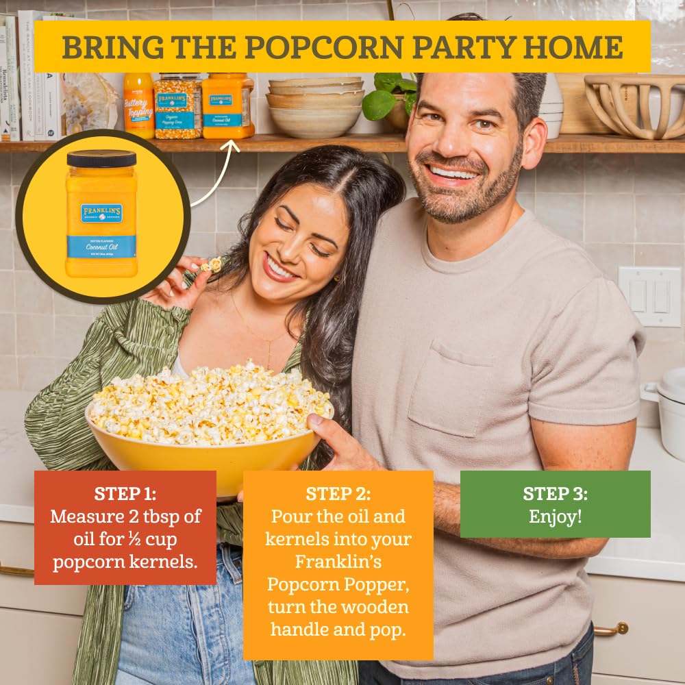 **Franklin's Gourmet Popcorn Kit - Stovepop Popcorn Maker with 13.5 oz Organic Popcorn Kernels, 8 oz Butter Flavored Salt & 14 oz Butter Flavored Coconut Oil - Perfect for Movie Nights, Parties & Family Snacking**