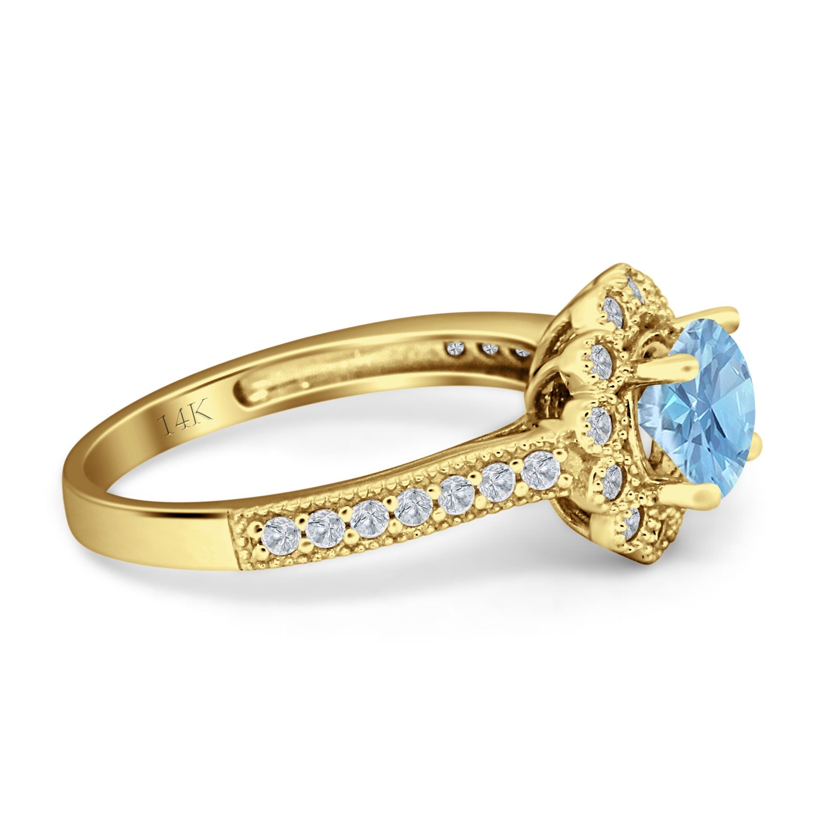 14K Yellow Gold Round Natural Aquamarine Vintage Style Flower Ring - Elegant Jewelry for Women, Perfect for Weddings, Anniversaries & Special Occasions