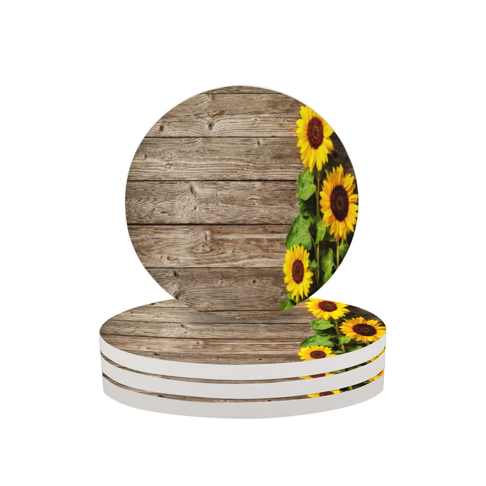 4-Pack Sunflower Wooden Drink Coasters - Absorbent Ceramic with Cork Backing for Glass & Wood Tables - Home, Farmhouse, Coffee Bar & Outdoor Decor (4 Inch) - Perfect for Hot/Cold Beverages, Dinner Parties & Rustic Home Decor